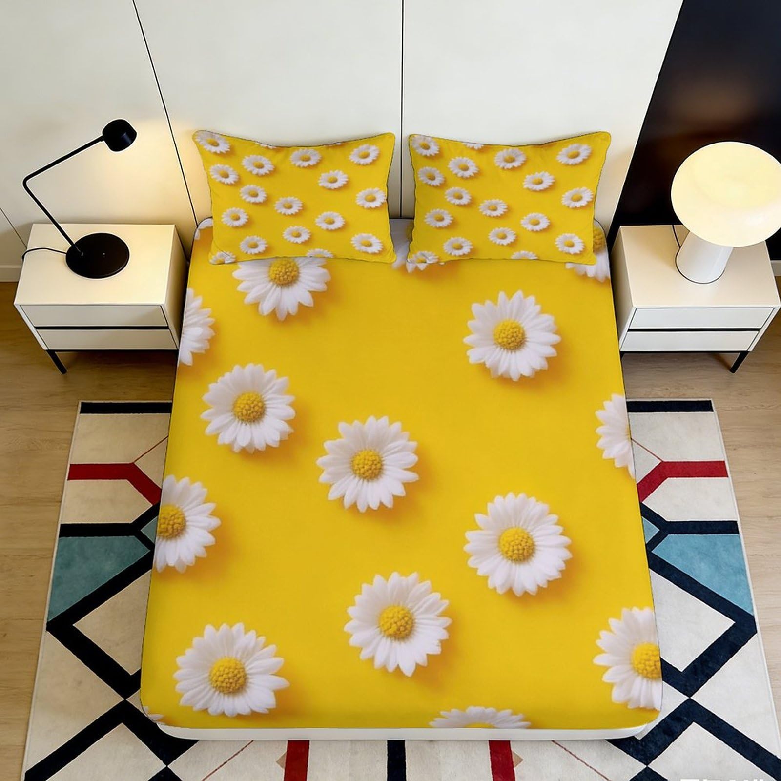 Pnayamiorkfel Style-10 3D Printed Yellow Daisy Fitted Sheet Microfiber Soft Non-Slip Bed Sheet White Chamomile Mattress Cover For Bedroom Decor 90X200x25cm