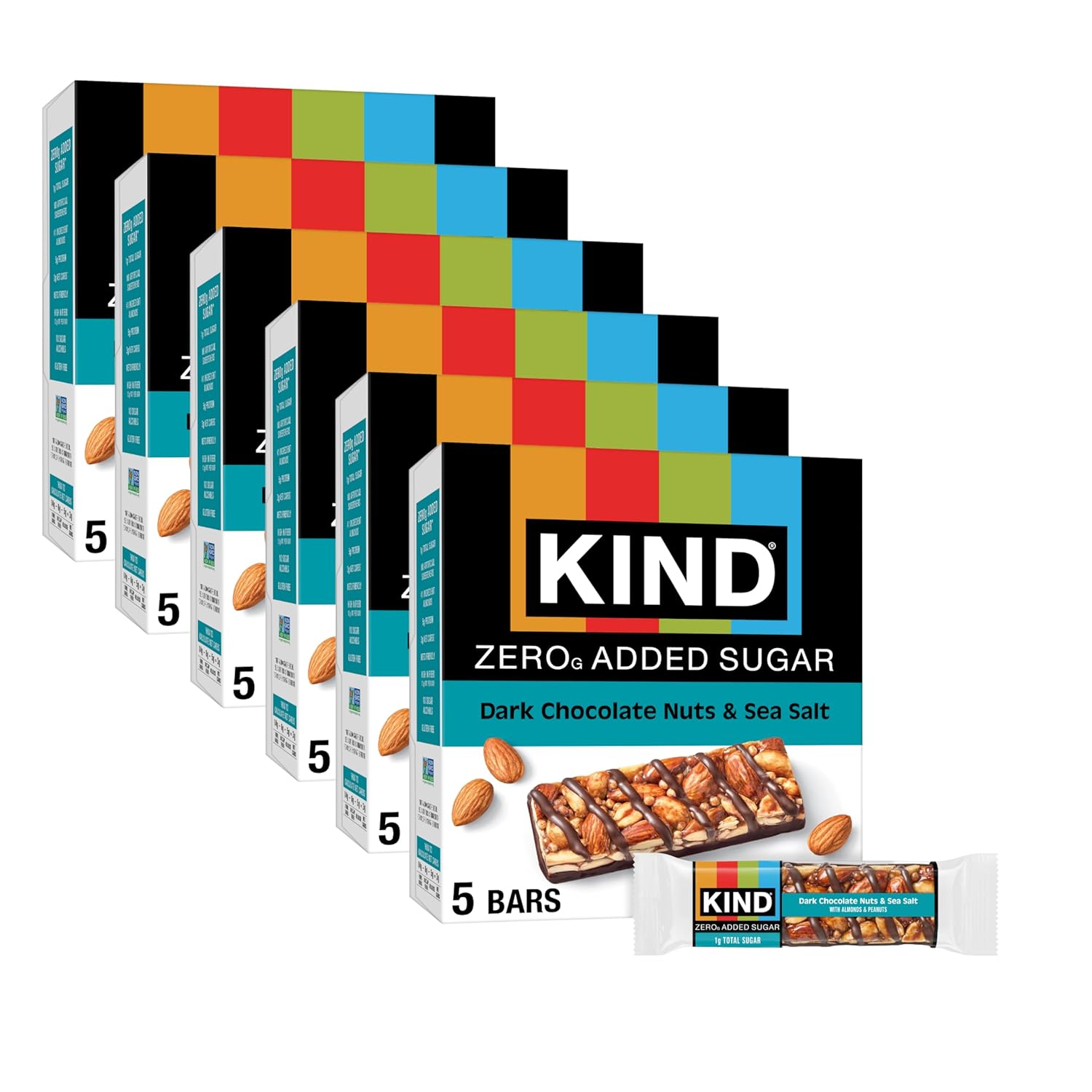 Kind Zero Added Sugar Healthy Snacks Bars, Dark Chocolate Nuts & Sea Salt, Gluten Free, High Fiber, Keto Snacks, 5g Protein, 30 Count