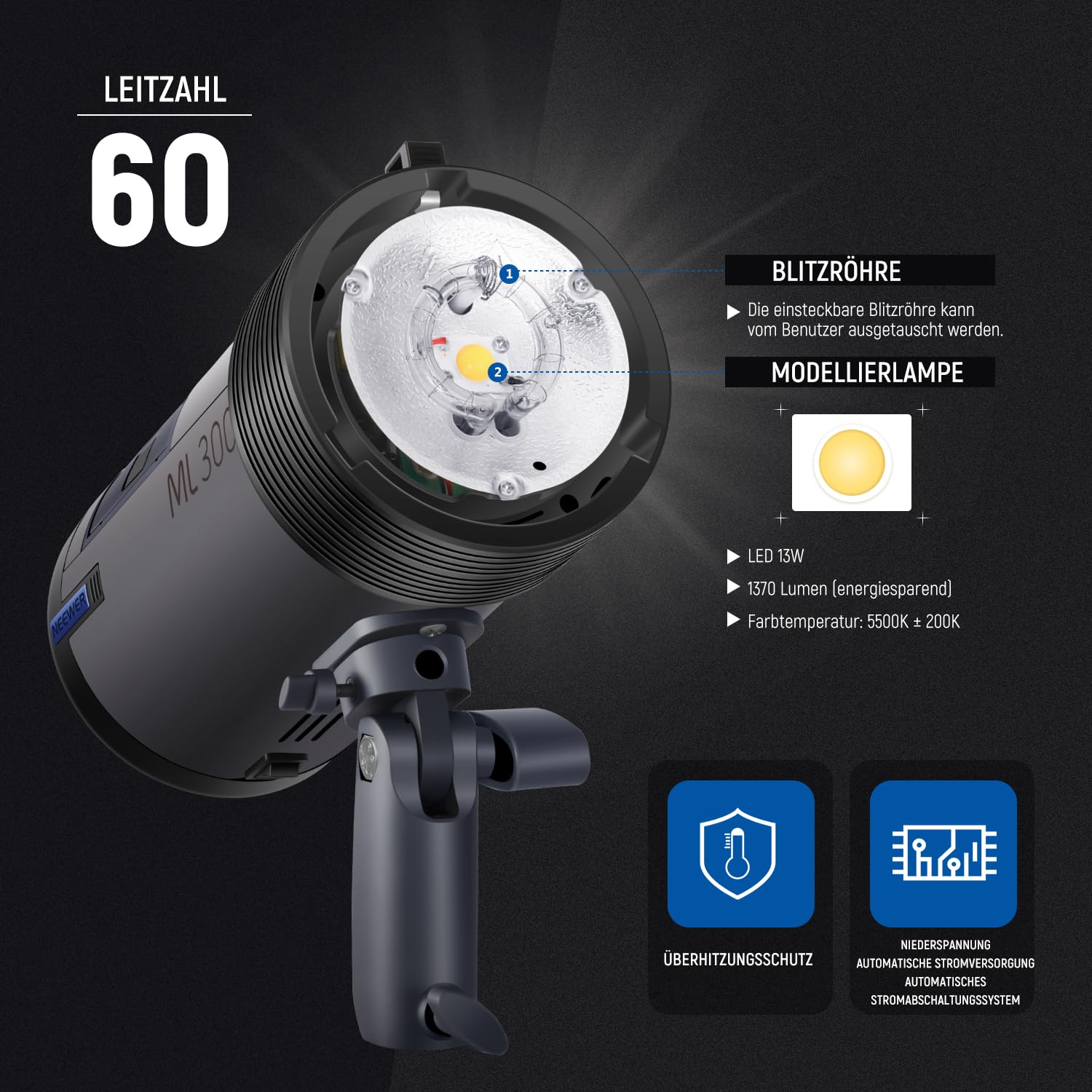 NEEWER ML300 300W GN60 im Freien Studioblitz-Li-Ion-Batteriebetriebenes Monolight mit 2,4GHz Funkauslöser, 1000 Blitzen mit voller Leistung, 0,4-2,5s Ladezeit, Bowens-Halterung, 2er-Pack Li-on-Akku