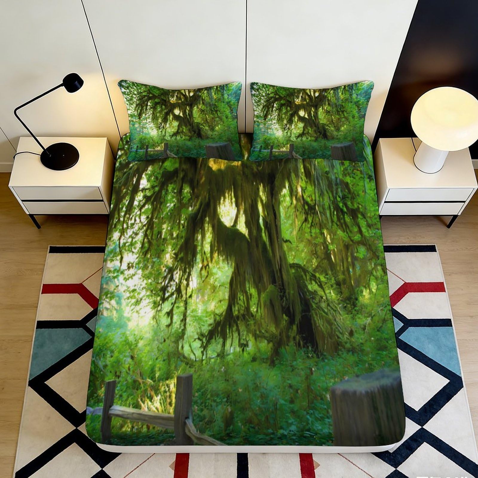 3D Printed Forest Green Tree Fitted Sheet Microfiber Soft Breathable Woodland Mattress Cover for Bedroom Dormitory Guest Room Protection Decor 120x200x25cm