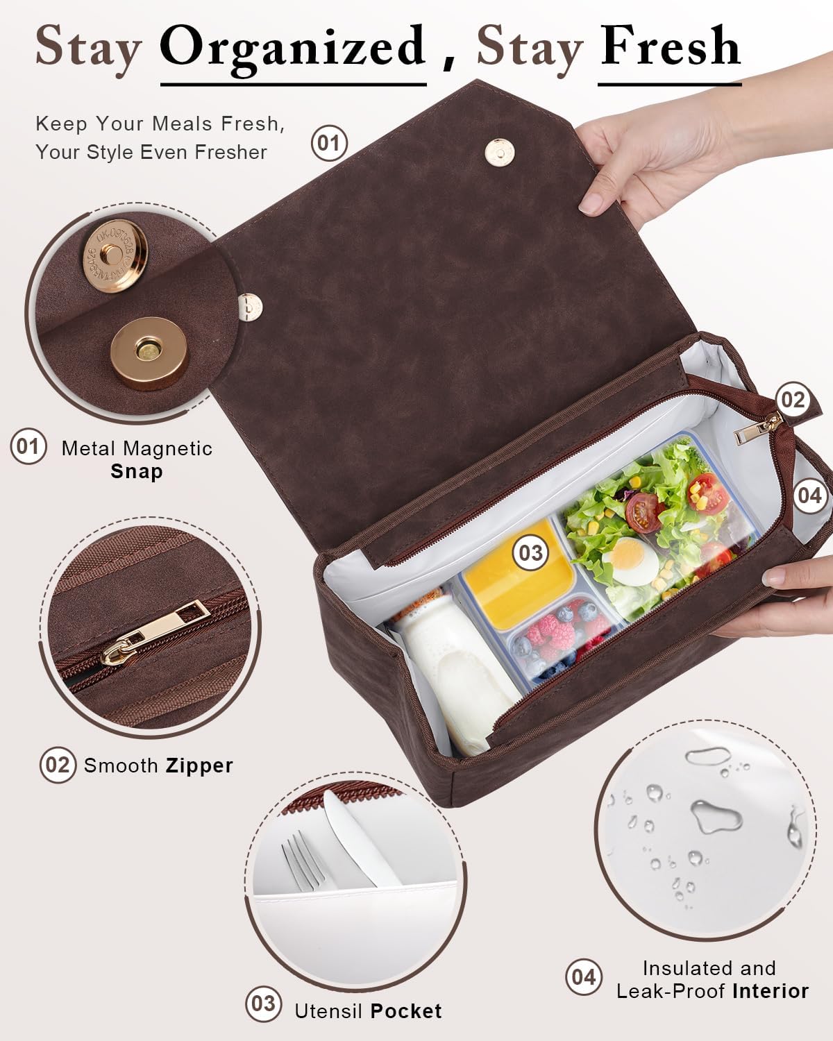GLORIEROO Lunch Box Tote Women - Fashion Stylish Vegan Leather Insulated Lunch Bag with Removable Strap for Work - Teacher Mothers Day Christmas Gifts for Women