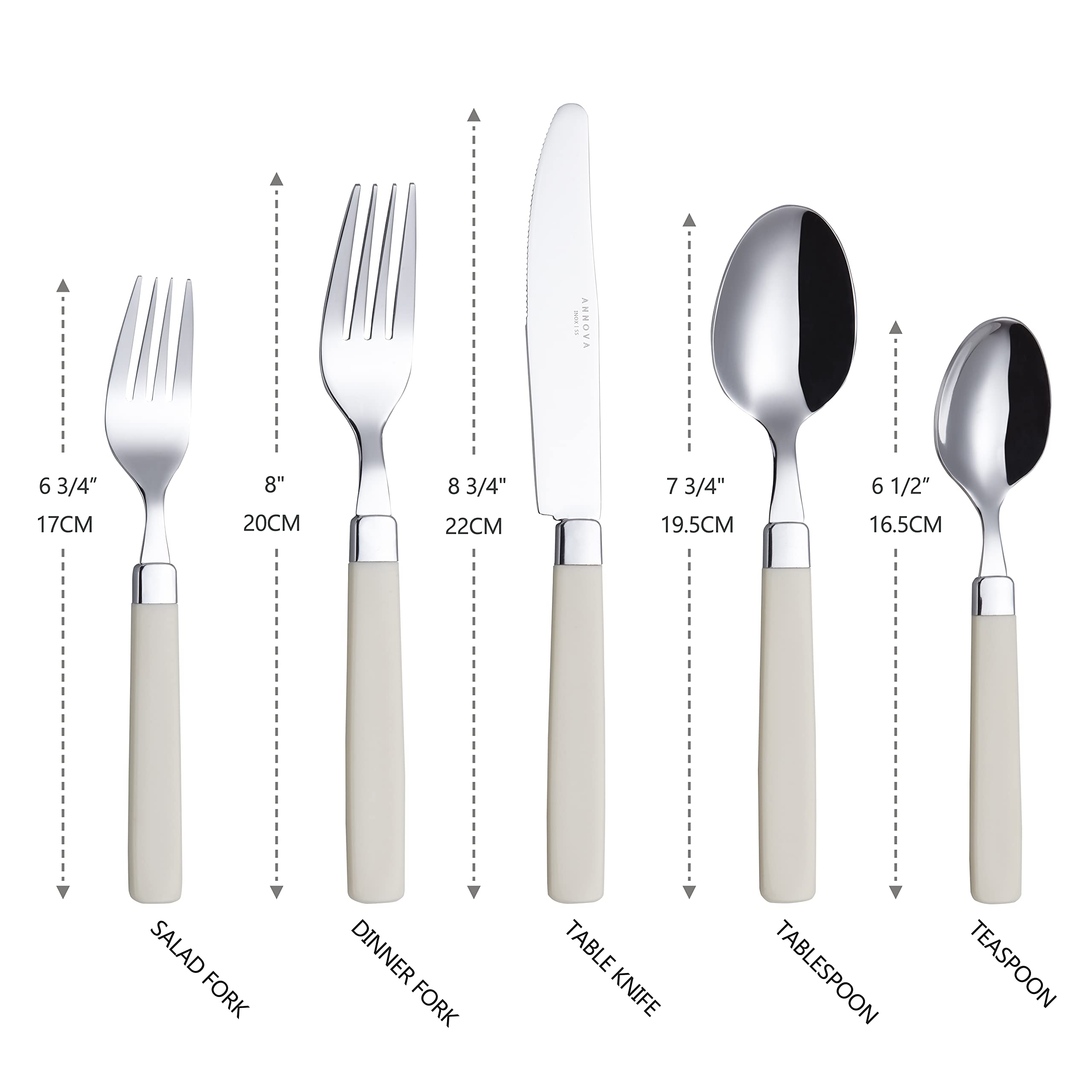Ensemble de couverts en acier inoxydable ANNOVA - Poignées de couleur - Fourchettes à dîner, fourchettes à salade, couteaux de table, cuillères à soupe, cuillères à thé (cream, 20pieces)