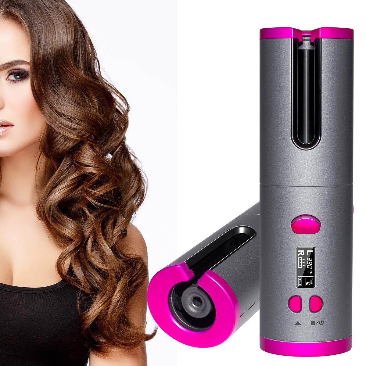 EMEBAY Fer à Friser Automatique Sans Fil, Boucleur à Cheveux Batterie Rechargeable 4000mAh, Bigoudi Anti-Brûlures avec Minuterie, Fer à Boucler Portable 6 Température Cheveux Longs et Courts