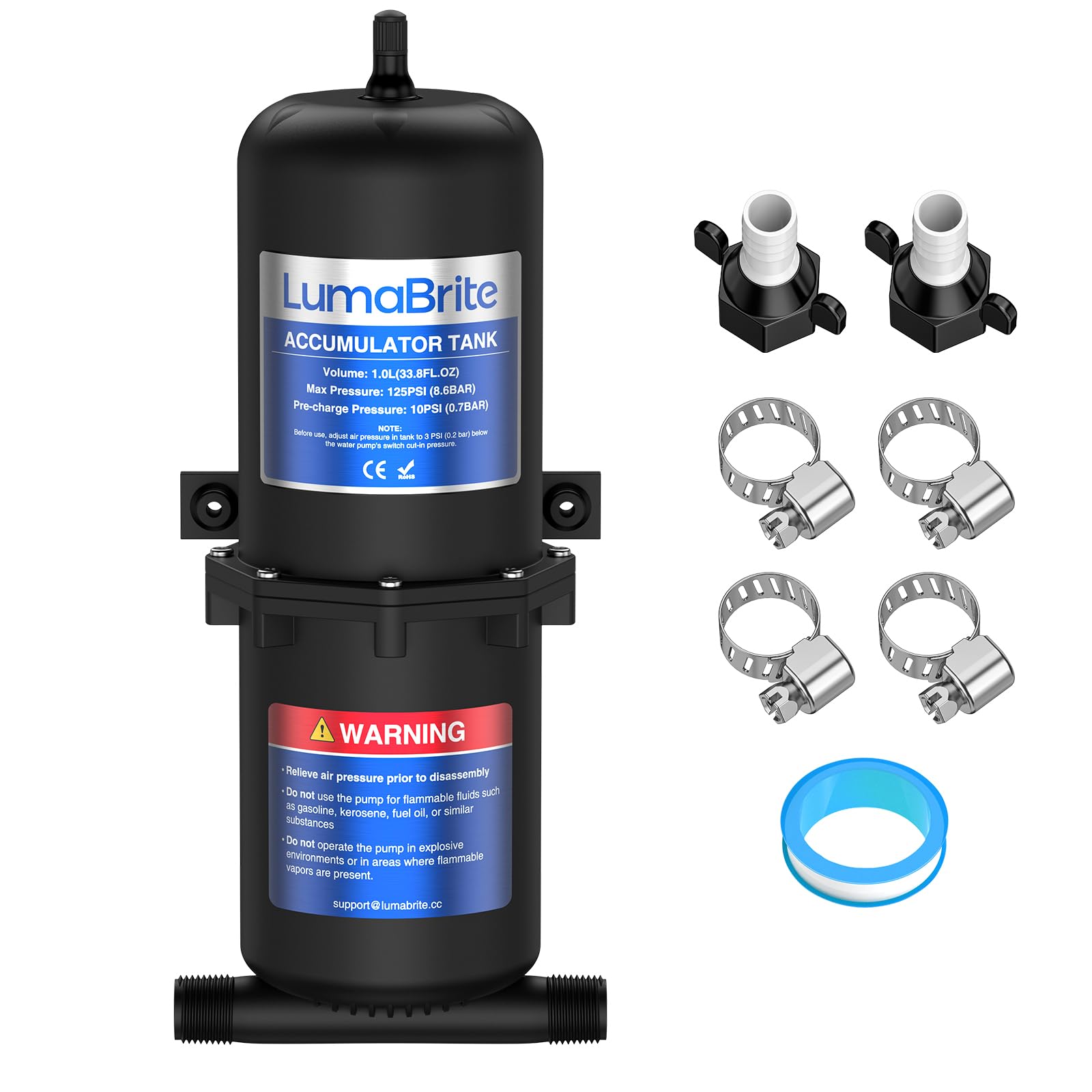Réservoir D'accumulateur Pré-pressurisé, 1 L 125 PSI Réservoir Sous Pression pour Stabiliser la Pression d‘Eau et Protéger la Pompe dans les RV, Bateaux et Remorques