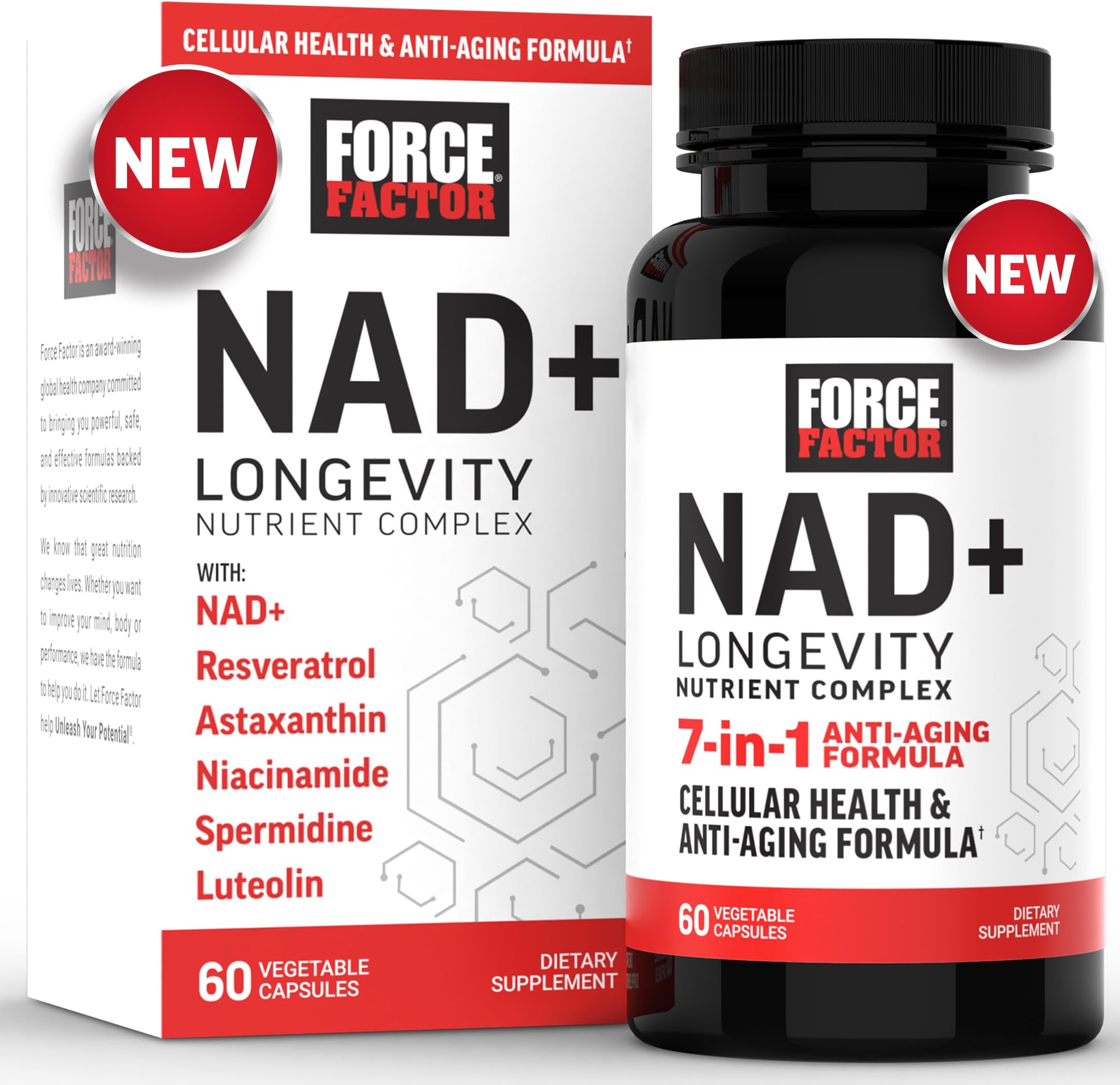 Force Factor NAD+ (NMN or Nicotinamide Riboside Alternative) with Resveratrol, Astaxanthin, Spermidine & Luteolin Complex, NAD to Support Cellular Health & Healthy Aging, 60 Capsules