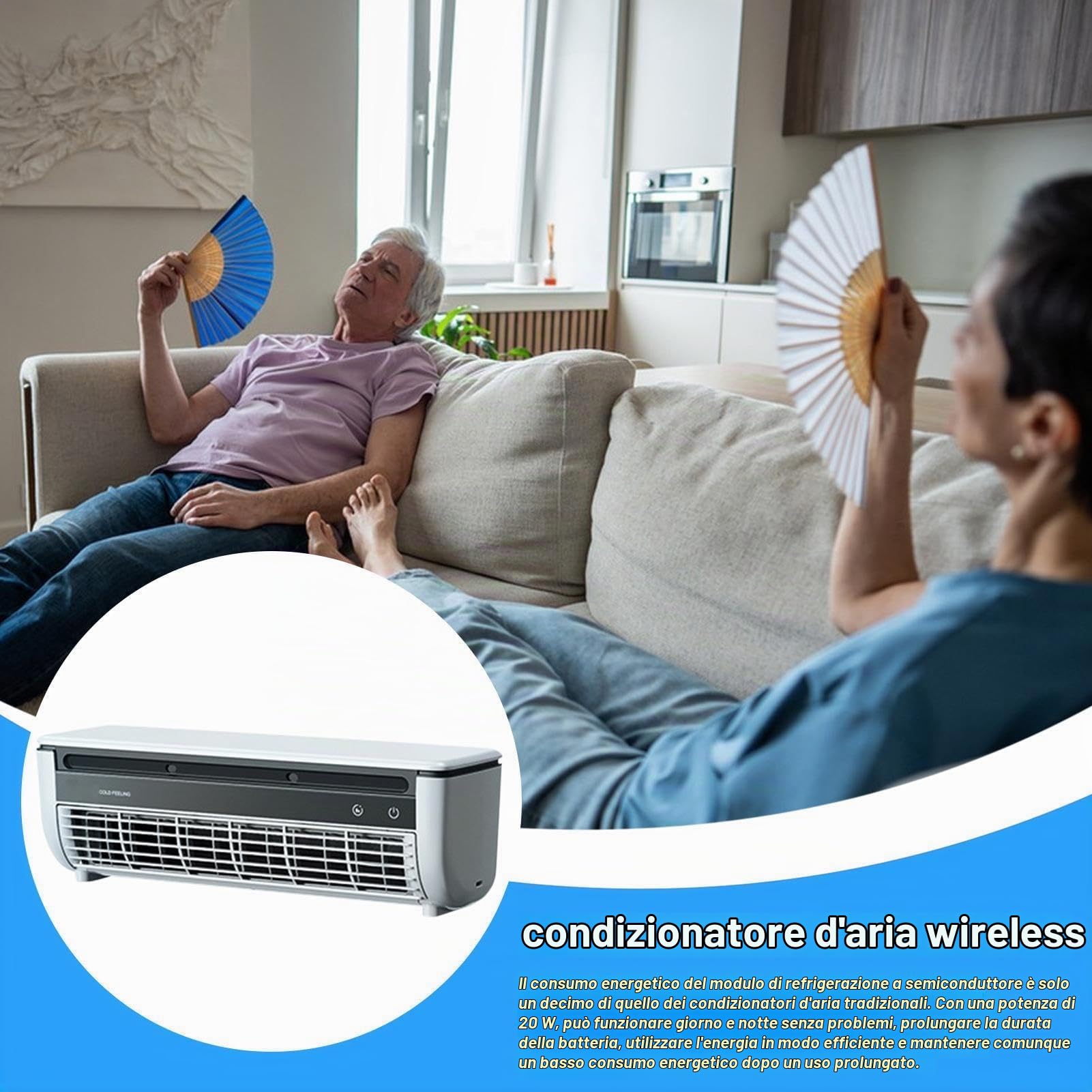 Raffrescatore d'aria, condizionatori d'aria portatili, ventilatore per raffreddamento, ventilatore a 3 velocità con ricarica wireless, raffrescatore evaporativo per interni, camera da lettos, camper