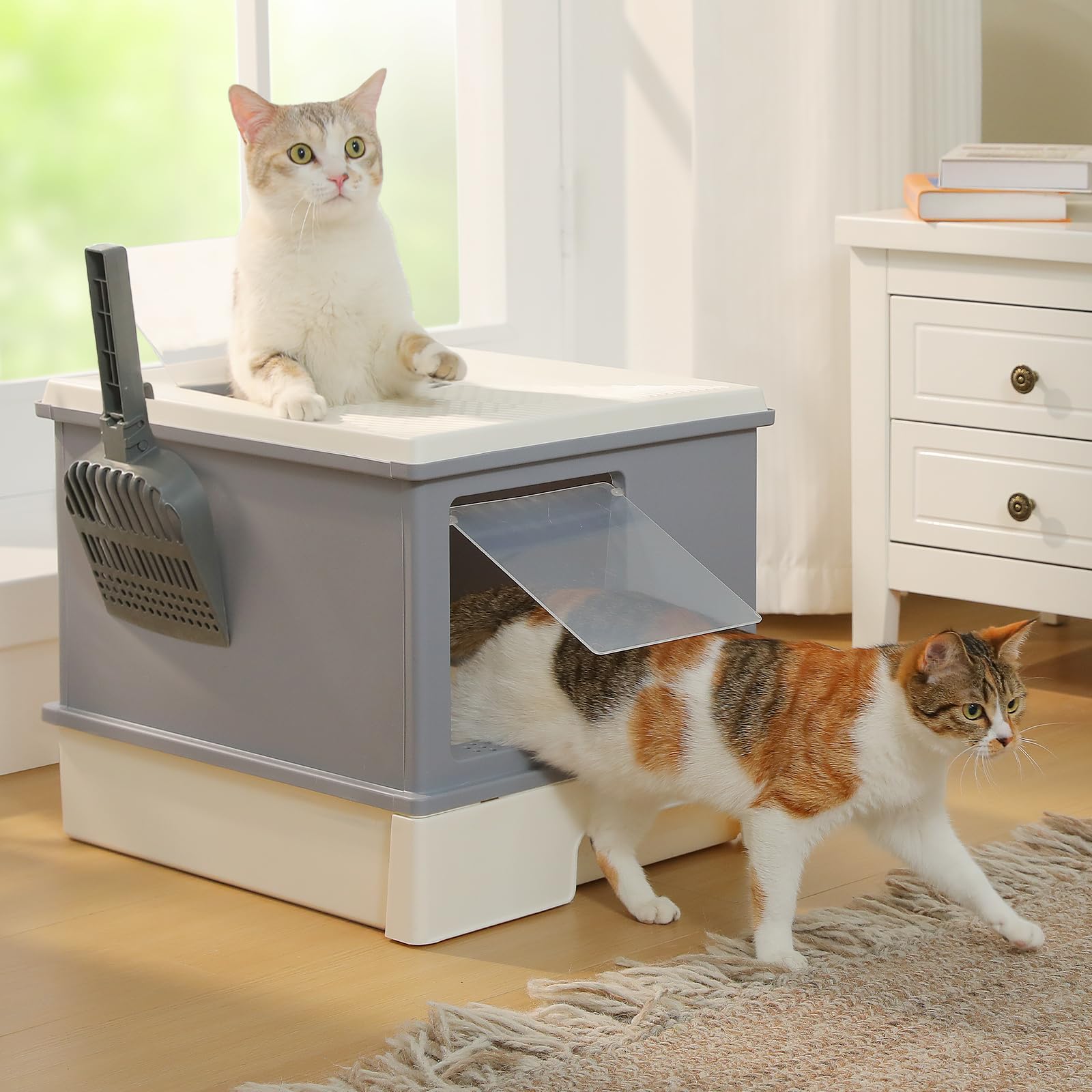 PEQULTI Caja de arena grande para gatos con tapa, caja de arena cubierta de alta capacidad de 88 L, protector de borde elevado antifugas, diseño de cajón extraíble y cuchara grande plegable, entrada