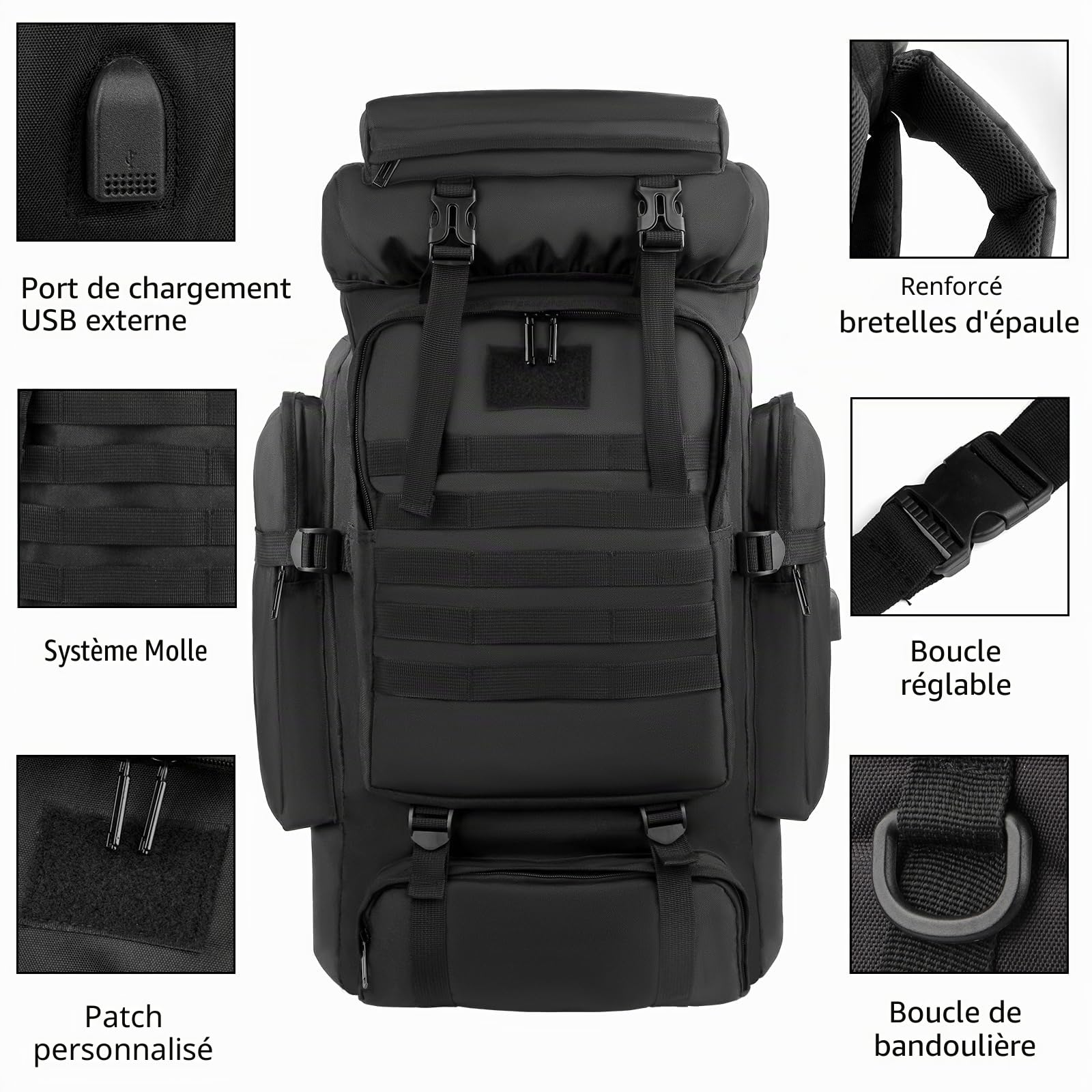 Sac à dos de randonnée Molle de grande capacité - Cadre tactique durable - 80 l - Sac à dos avec port de charge USB pour homme et femme - Pour le camping, l'escalade, l'extérieur, les voyages