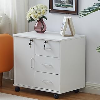 CLIPOP Rollcontainer, Abschließbarer, Aktenschrank, Büroschrank Rollschrank, Holzschrank mit 3 Schubladen, 1 Geschlossener Stauraum,Bürocontainer Schubladenschrank Druckerständer,Weiß