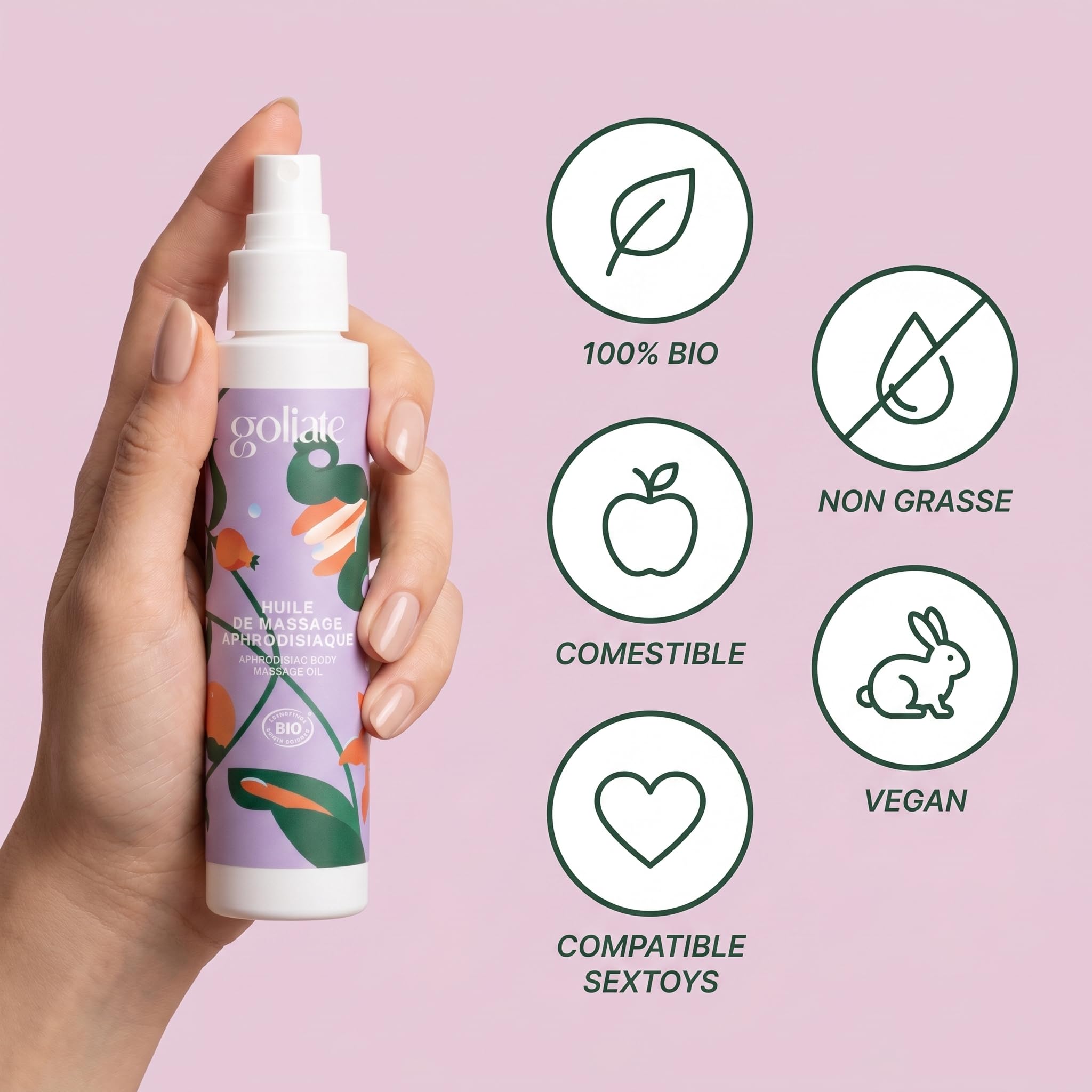 GOLIATE Piacere Nel Modo Francese – Olio Biologico per Massaggi - Afrodisiaco – Gel Cosmetico Rilassante – Sessuale Tantrico Vegano a Base di Piante Compatibile con i Preservativi - 100 ML