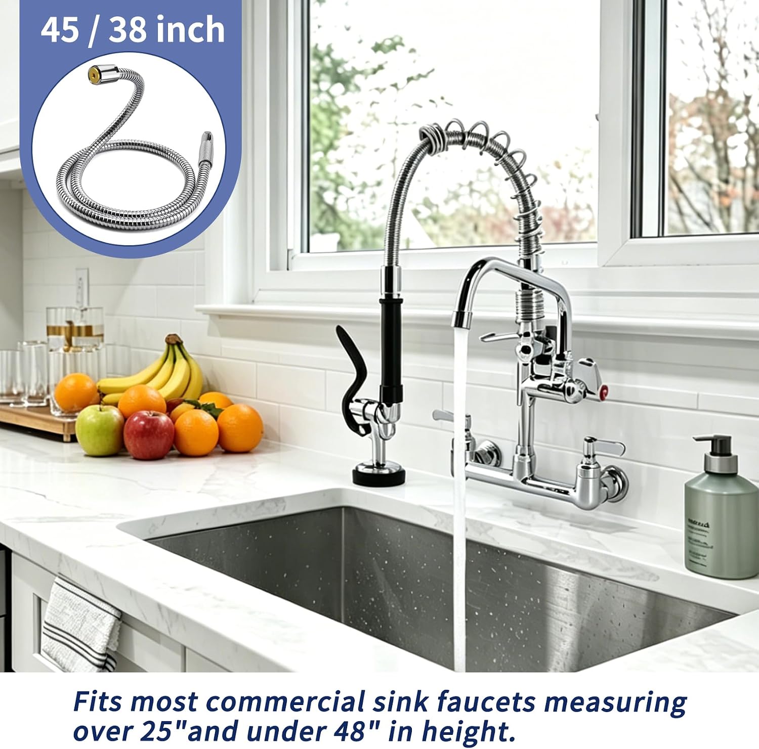 38 Inch Commercial Pre Rinse Spray Hose for Industrial Kitchen Sinks Faucet | Heavy Duty Stainless Steel Flexible Hose, for Restaurant, Industrial Kitchen Sink, Solid Brass 7/8"-20 NPT Thread, Leak-Proof