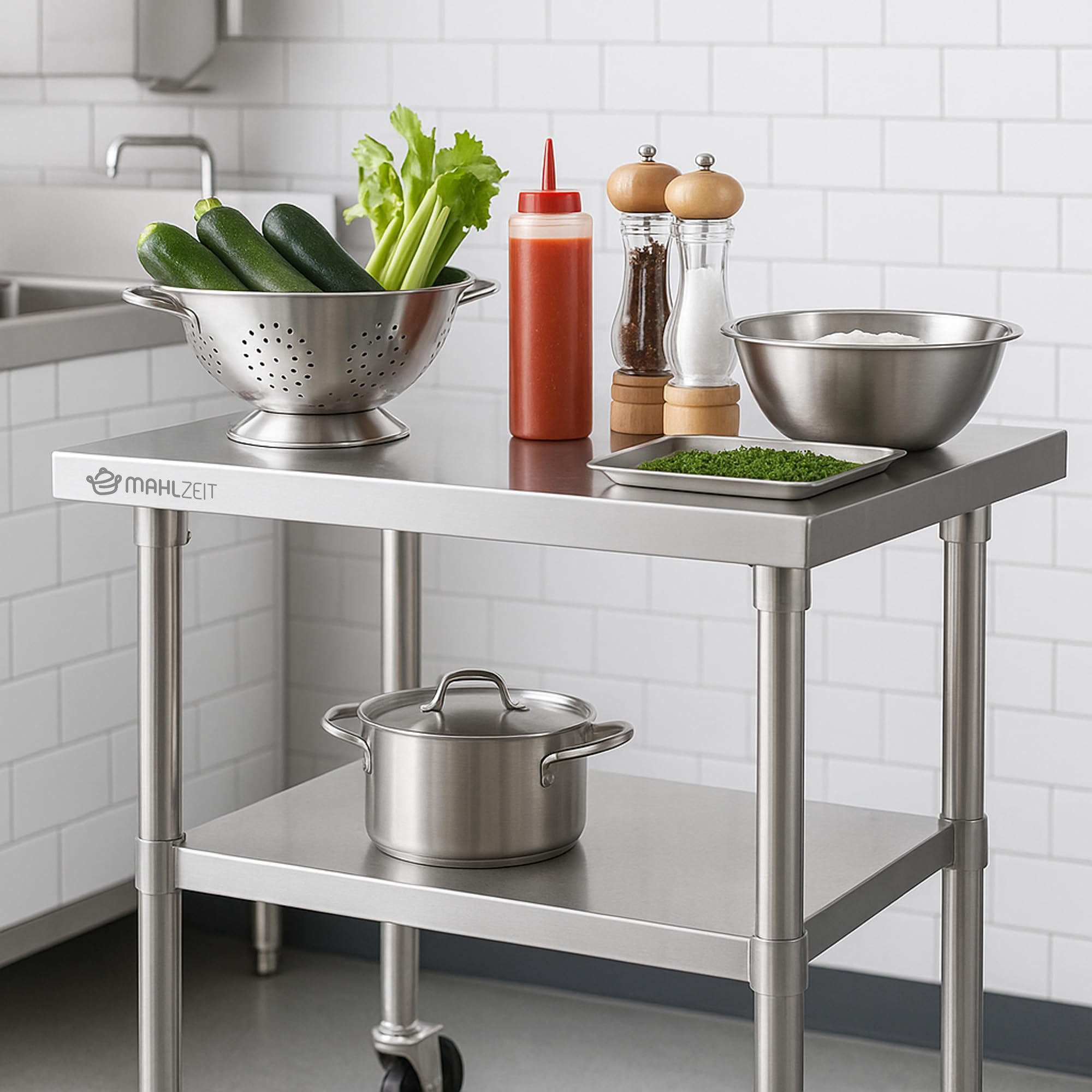 Mahlzeit Tavolo in Acciaio Inox da Lavoro per Cucina e Ristorazione, Preparazione Professionale (70 x 60 x