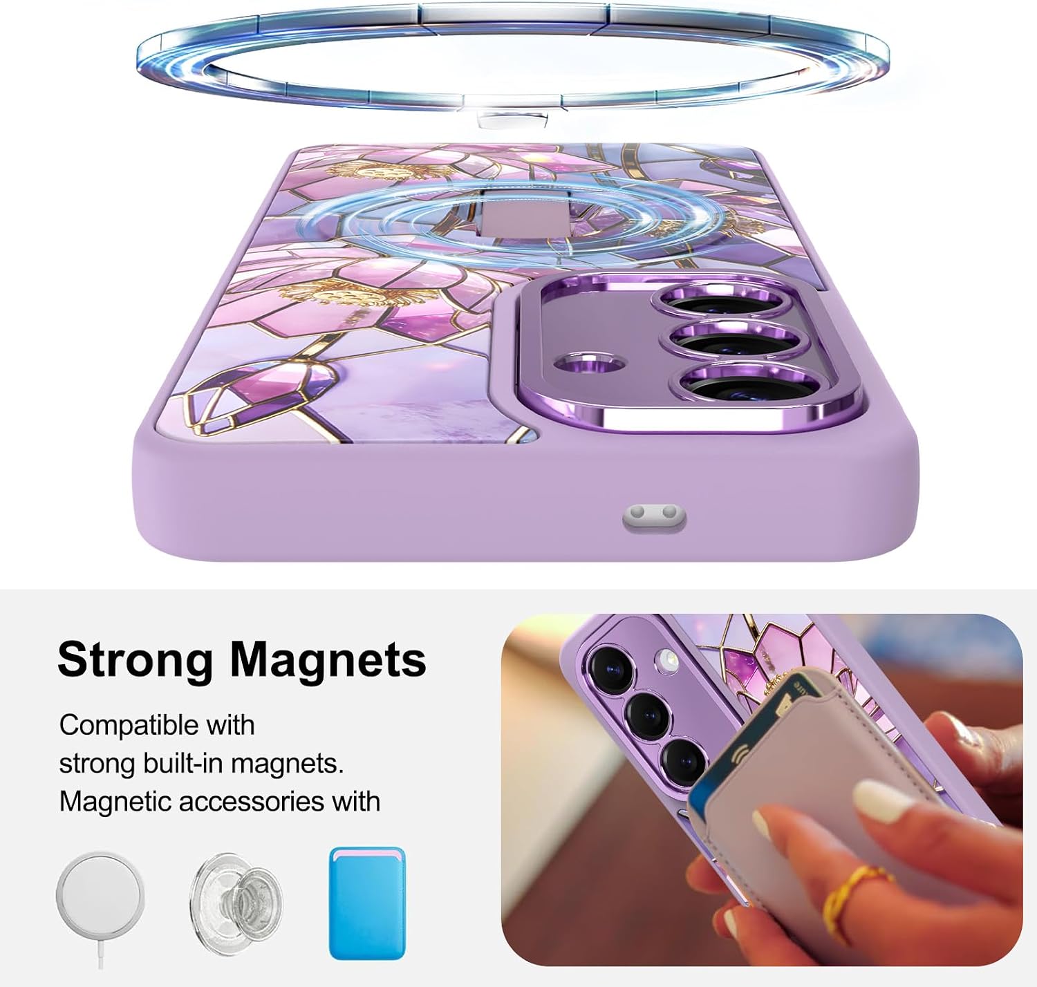 Magnetic for Samsung Galaxy S26 Case with Finger Strap Stand, Compatible with Magsafe, Cute Lotus Flower Floral Phone Case for Women Men Slim Shockproof Cover for S26, Purple Lotus