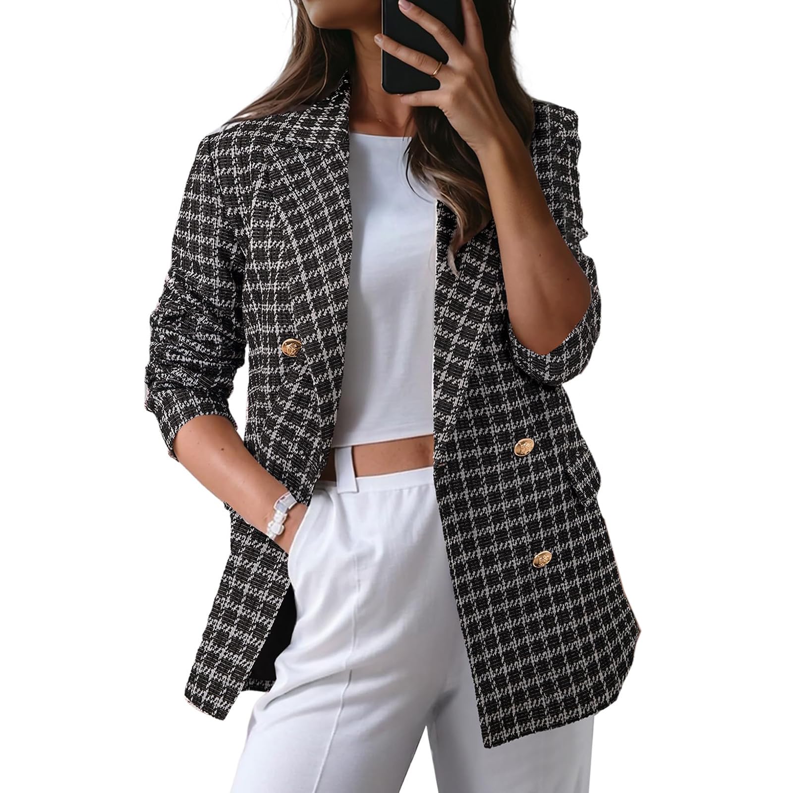 Tweed Plaid Blazers for Women Dressy Casual Long Sleeve Single Breasted Open Front Blazer Jackets Work Suits