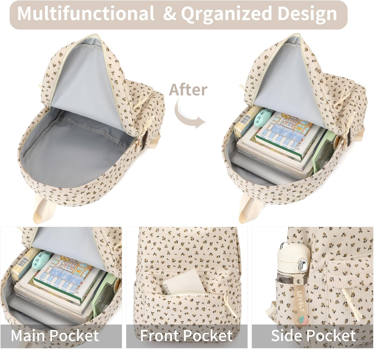 School Backpack for Girls Corduroy Bookbag 16inch Elementary Primary Preschool for Teen Boys Girl Travel Casual Daypacks (Flora Beige) - Image 4