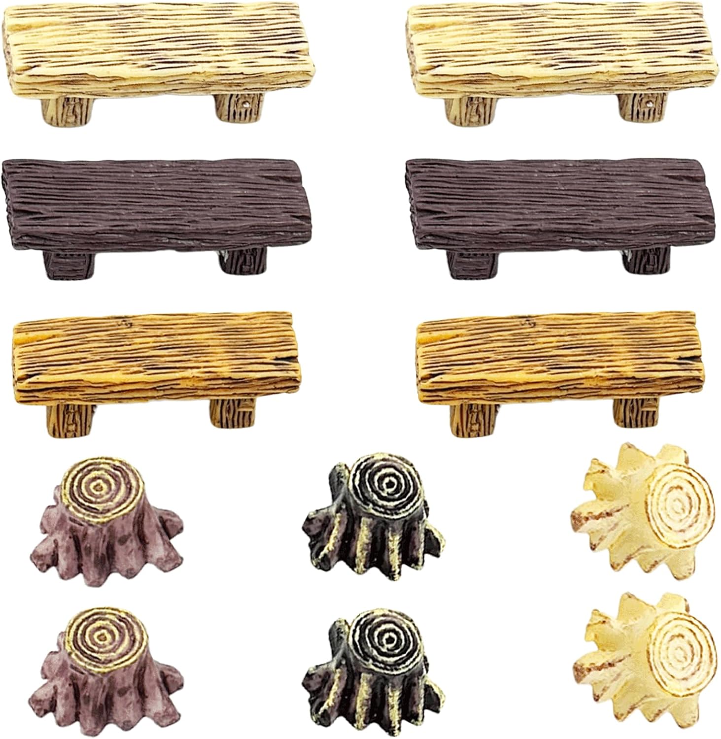 12PCS Miniature Benches & Tree Stumps Resin Figurines, Simulation Wood Grain Benches, Tree Stumps Micro Landscape Ornaments for Moss Terrariums Garden Tabletop Nature-themed Decorations & DIY Craft