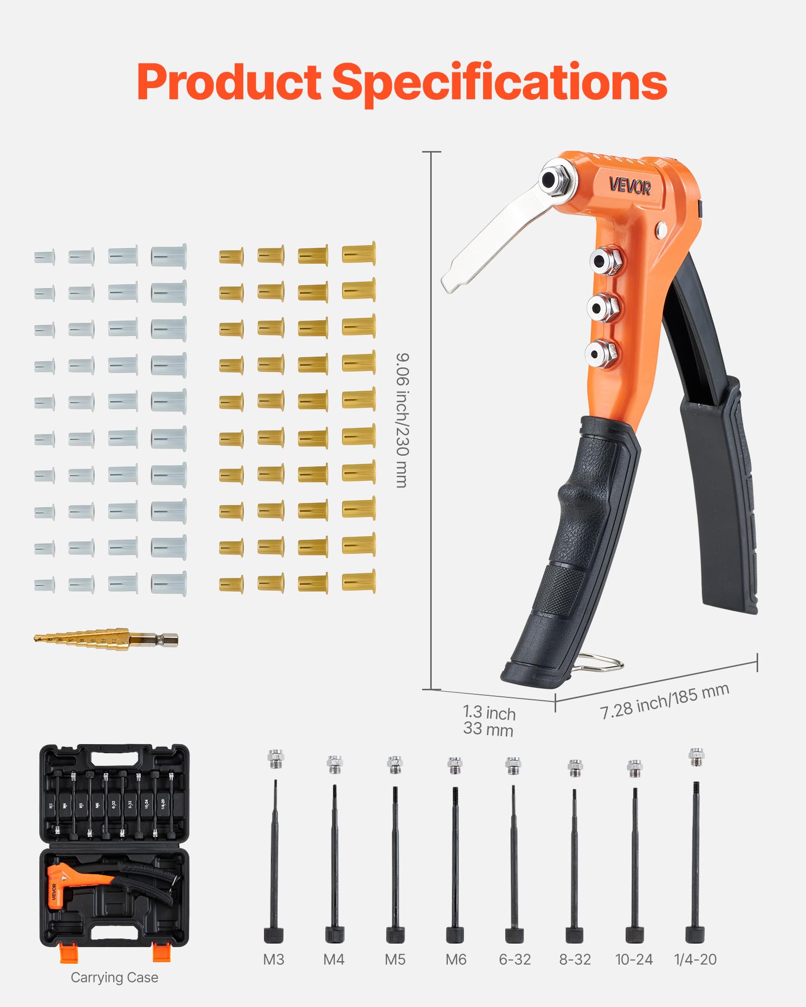 VEVOR Kit Rivettatrice per Filettati a Cricchetto da 230 mm con Sola Mano, 8 Mandrini, Punta per Trapano a Gradini e 80 Dadi, con Robusta Custodia per Il Trasporto, per Montaggi Metallici, Mobili