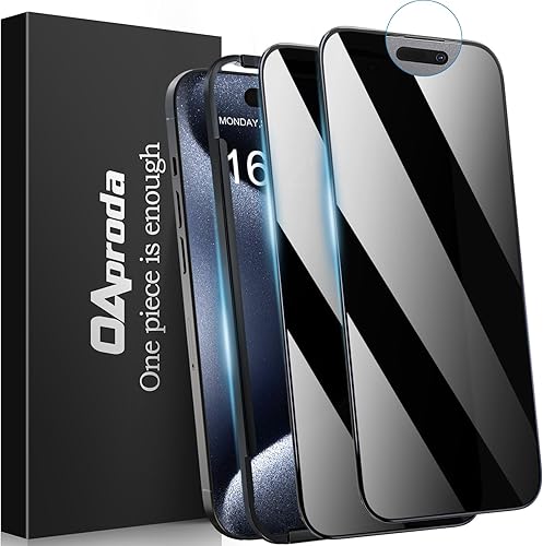 OAproda Protector de pantalla de privacidad para iPhone 15 Pro Max 3 generación  a prueba de polvo integrado Cobertura completa 9H+ inastillable,