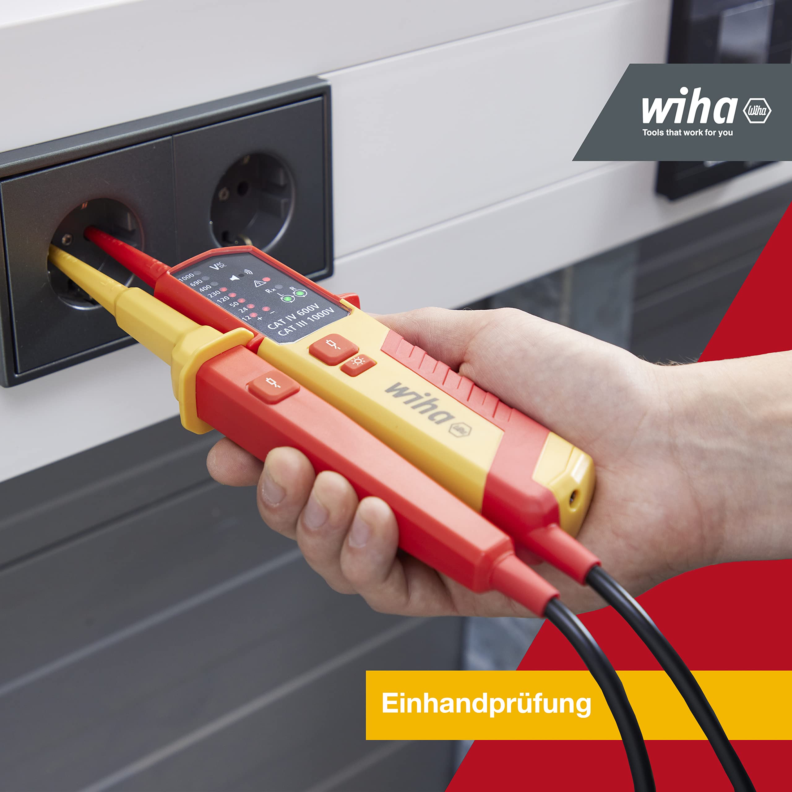 Wiha Tester di tensione e continuità 1500 V, CAT IV con 2 batterie AAA, indicatore LED, test con una sola mano (45216), rosso/giallo | (45216) CAT IV incl. 2 batterie AAA I display LED I tester di tensione bipolare I strumento di misura elettrotecnico