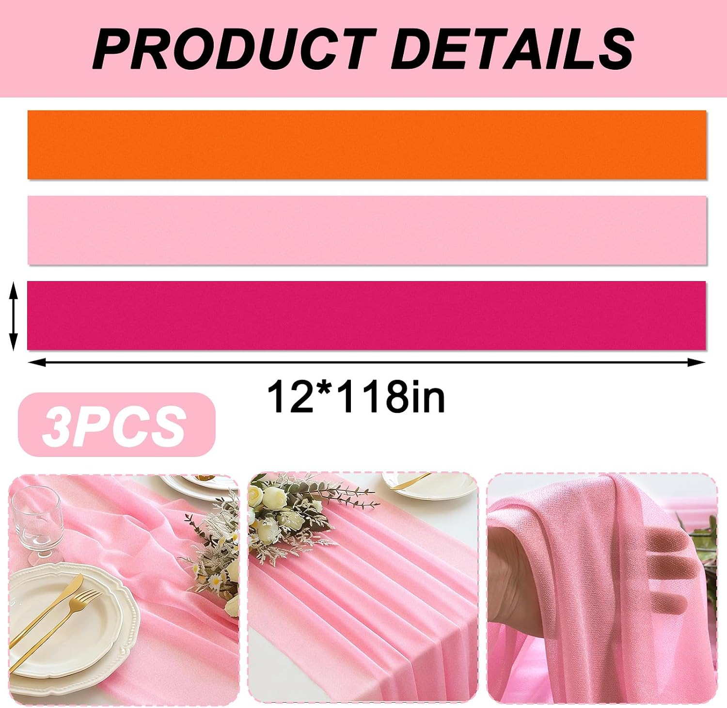 3 Pcs Pink and Orange Party Decorations Sunset Beach Striped Gauze Table Runner Tulle Sheer Mesh Table Cover for Summer Wedding Bridal Shower Birthday Party Fiesta Home Decor，Sunset
