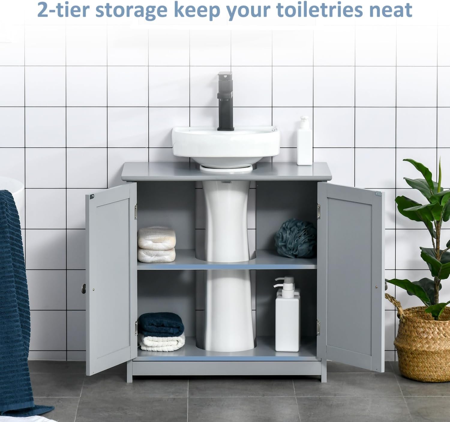 Pedestal Sink Storage Cabinet, Vanity Base Cabinet, Under Sink Bathroom Cabinet with U-Shape Cut-Out and Adjustable Internal Shelf, Gray