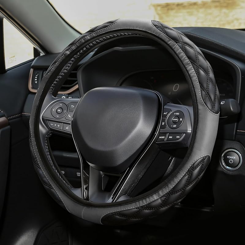 Capa para Volante de Carro em Couro com Revestimento Antiderrapante Cinza com Padrão Diamantado 38 cm Lxsloet
