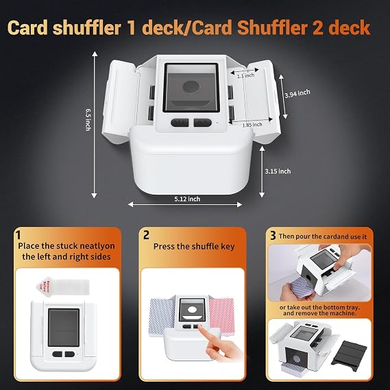 Rechargeable Automatic Card Shuffler with Card Case, Quiet Fast Shuffling Machine for UNO Skip-Bo Skyjo Texas Holdem, One-press Smart Auto & Manual Shuffling, Convenient, Party & Travel (White)