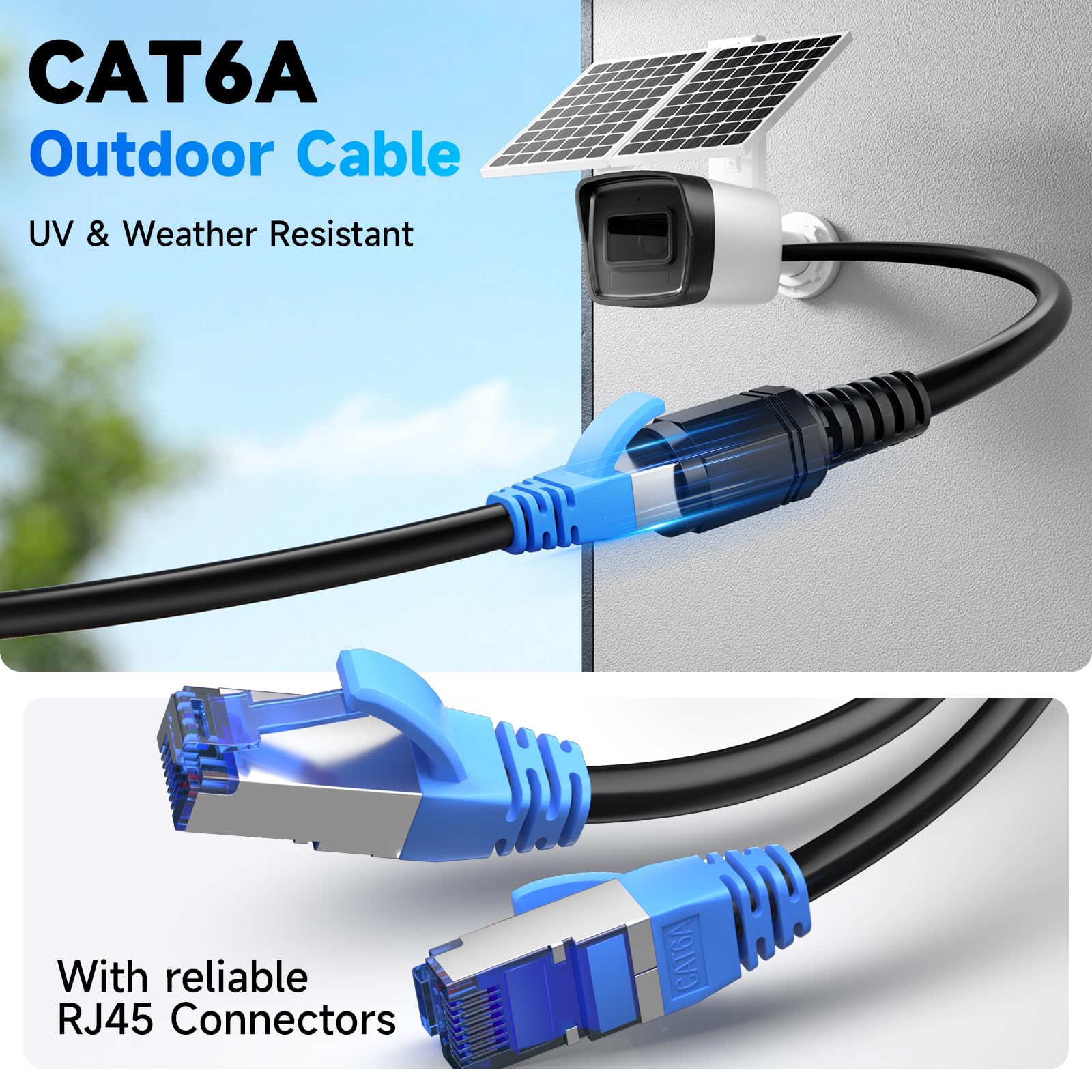Cavo Ethernet Cat 6A 50Metri Esterno, Interramento Diretto Guaina Impermeabile in LLDPE UV, Alta Velocità 23AWG 10Gbps Cavo di Rete Internet Gigabit, CCA, UTP, 550MHz con 40 Fascette Nero