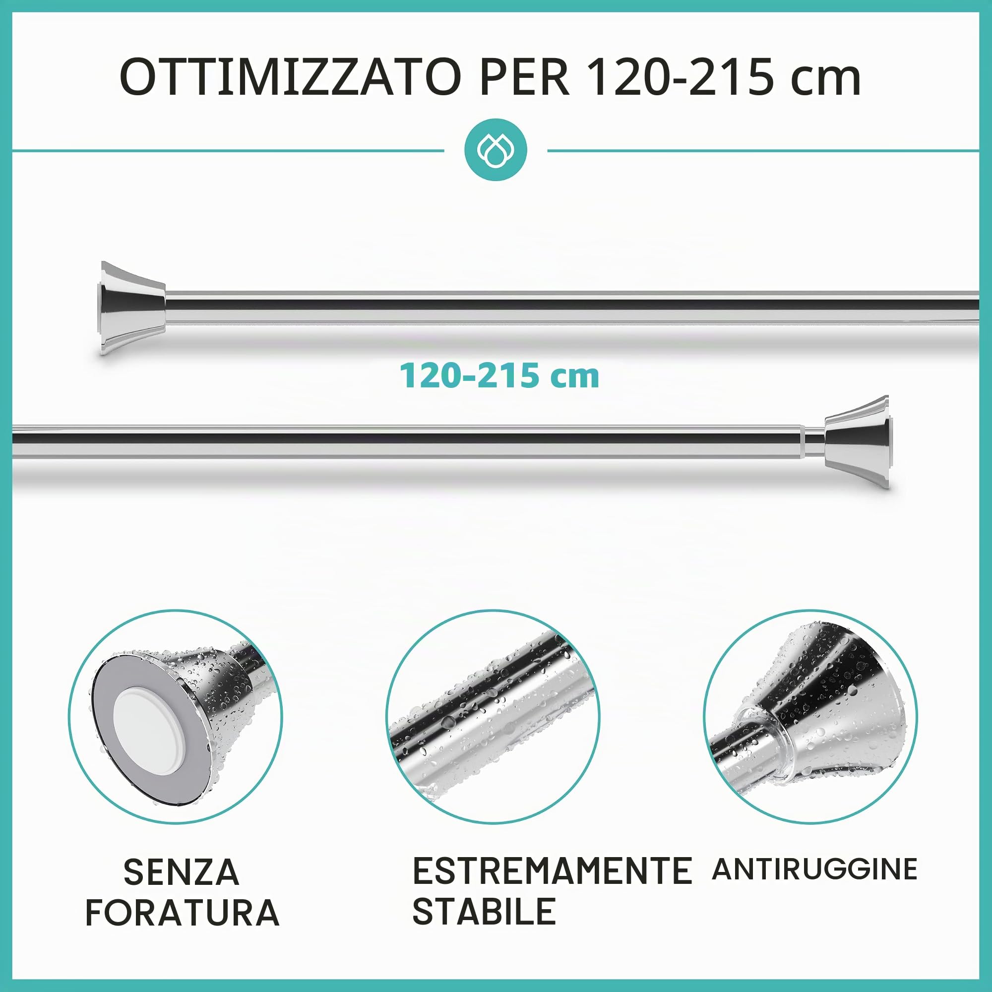 Asta per tenda da doccia senza foratura, con 12 anelli – Stabile asta telescopica da 120 – 215 cm senza foratura, in acciaio inox – Set di aste per tenda da doccia e vasca da bagno