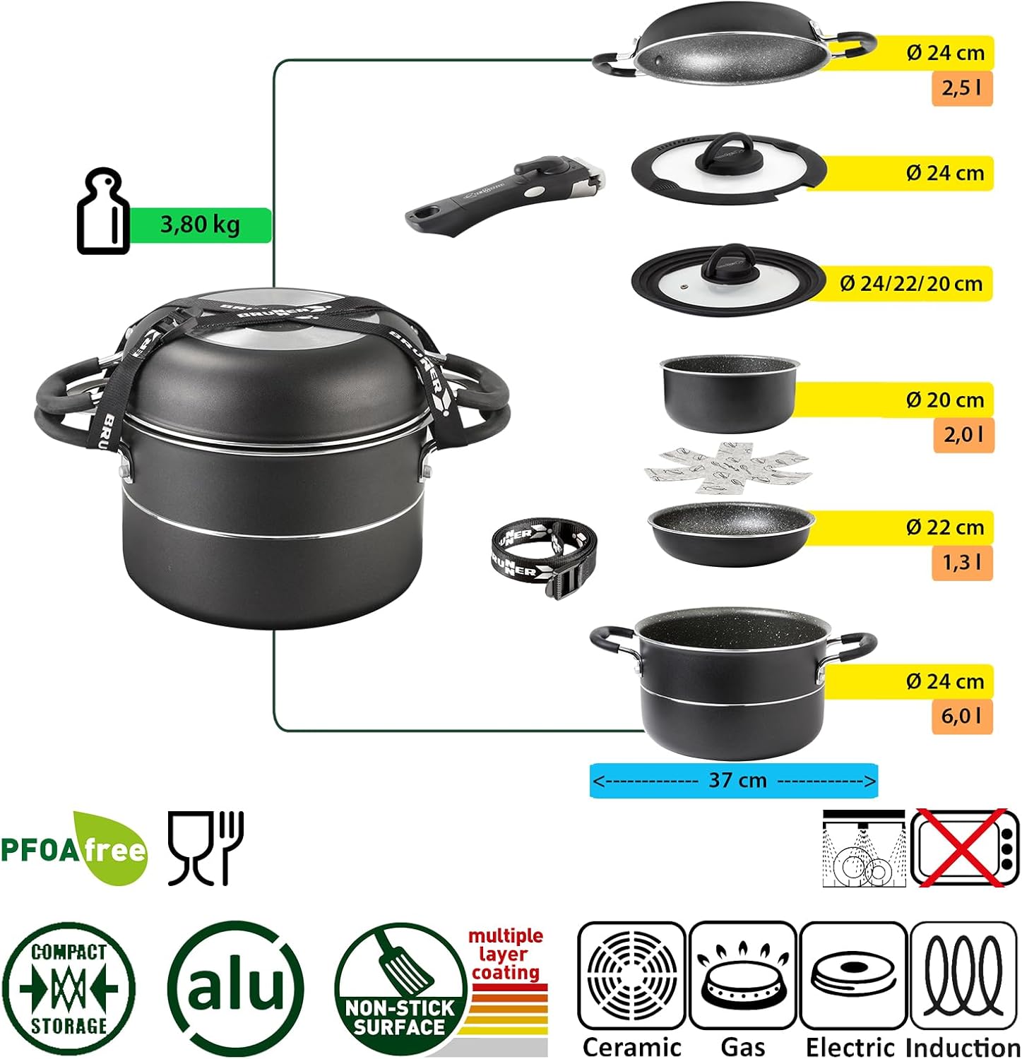 Stacked BRUNNER cookware set with dimensions and weight