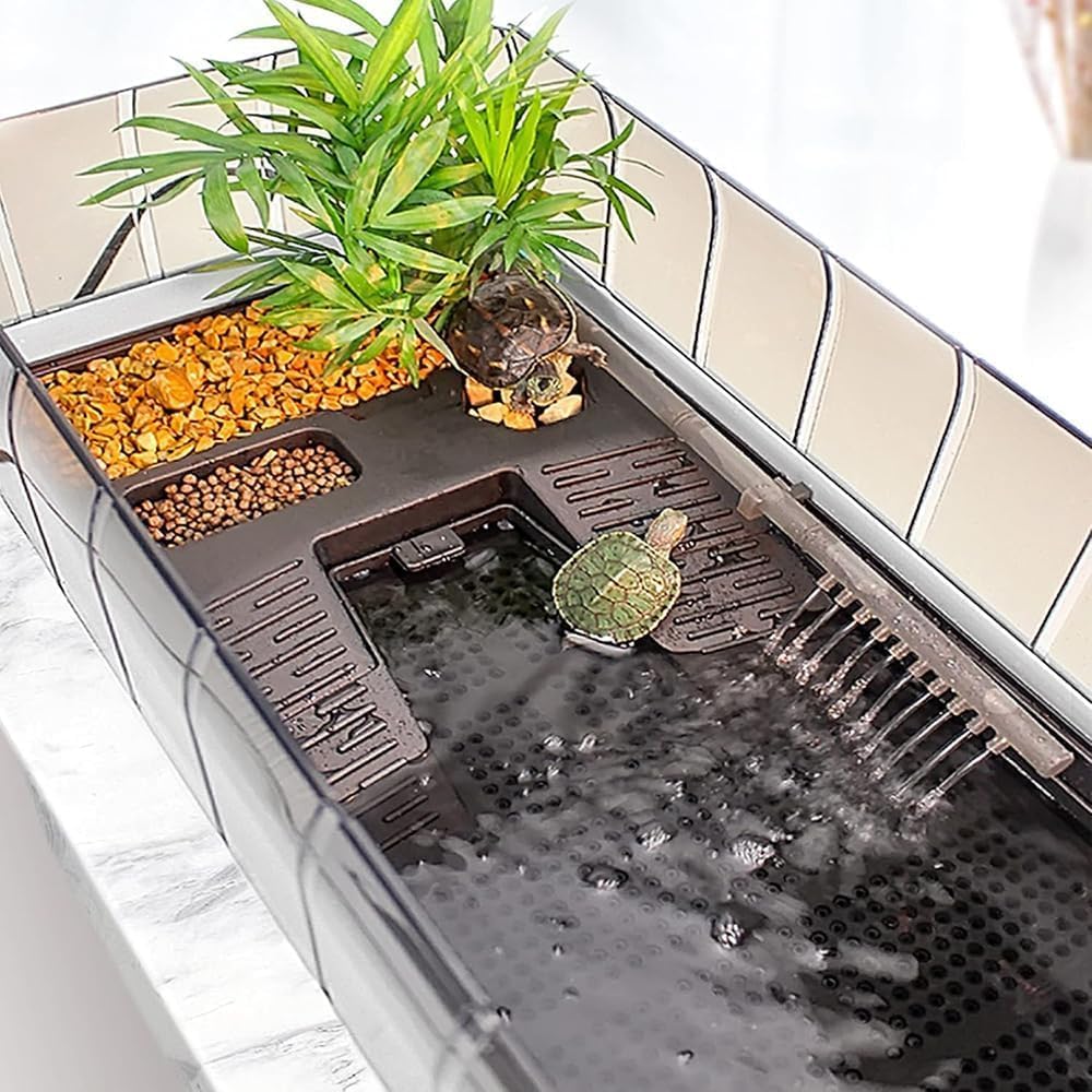 Tanque de tortuga con plataforma para tomar el sol, hábitat de acuario multiárea para alimentación, cría e hibernación, incluye filtro de algodón y plantas, fácil de limpiar y cambiar de agua