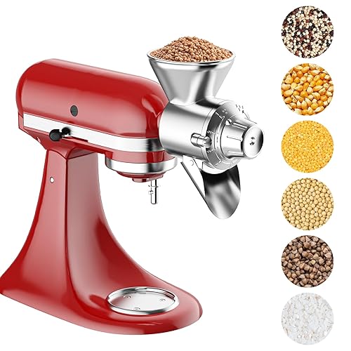 Grain Mill Attachment for KitchenAid Stand Mixer, All Metal 9 Levels Flour Mill for KitchenAid, Suitable for Fully Dried Low-Moisture, Low-Oil Grains, Grain Corn, Millet, Wheat and Cereals
