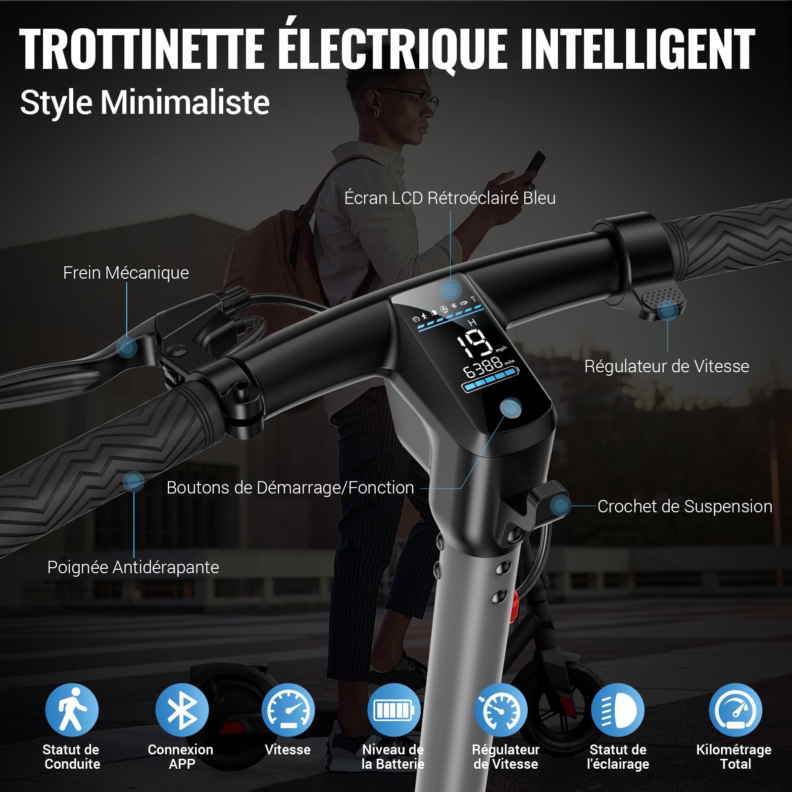 SISIGAD Trottinette Électrique Adulte 10 Pouces avec App, Portée Maxi 42km Batterie 36V 10.4AH Trottinette Électrique Pliable, Electric Scooter Adult 350W Vitesse Maxi 25km/h, avec Double Frein