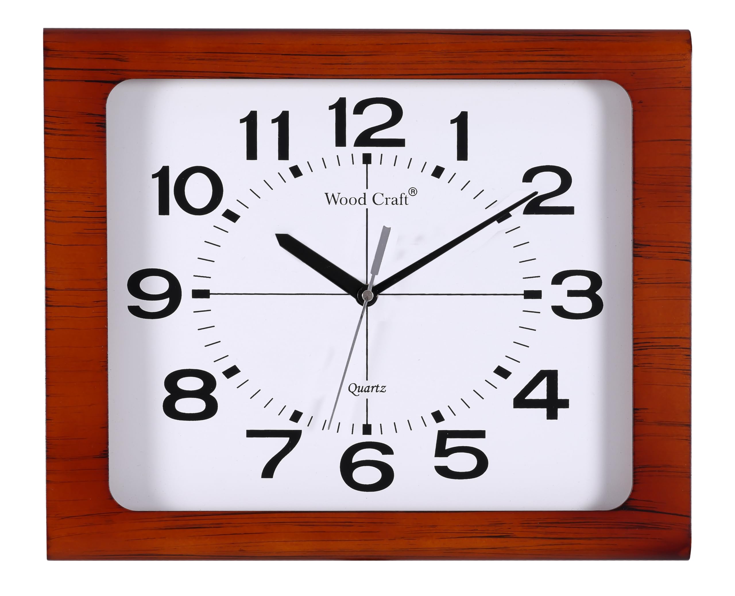 WOODCRAFT Wooden Rectangular Wall Clock: W-57 (32 cm x 27 cm x 4 cm, Brown Case, White Dial)