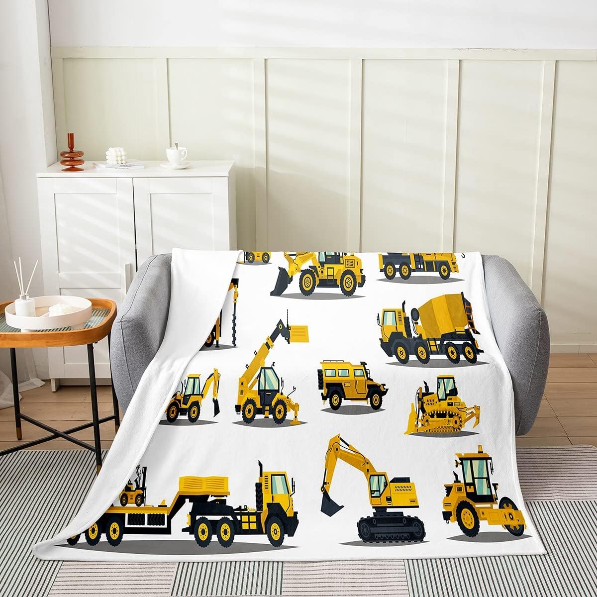 Cartoon Construction Excavator All Season Bed Blanket,Machinery Bulldozer Crane Yellow Fleece Throw Blanket Flannel Fuzzy Blanket for Kids Boys Girls,Microfiber Plush Blanket Room Decor Twin