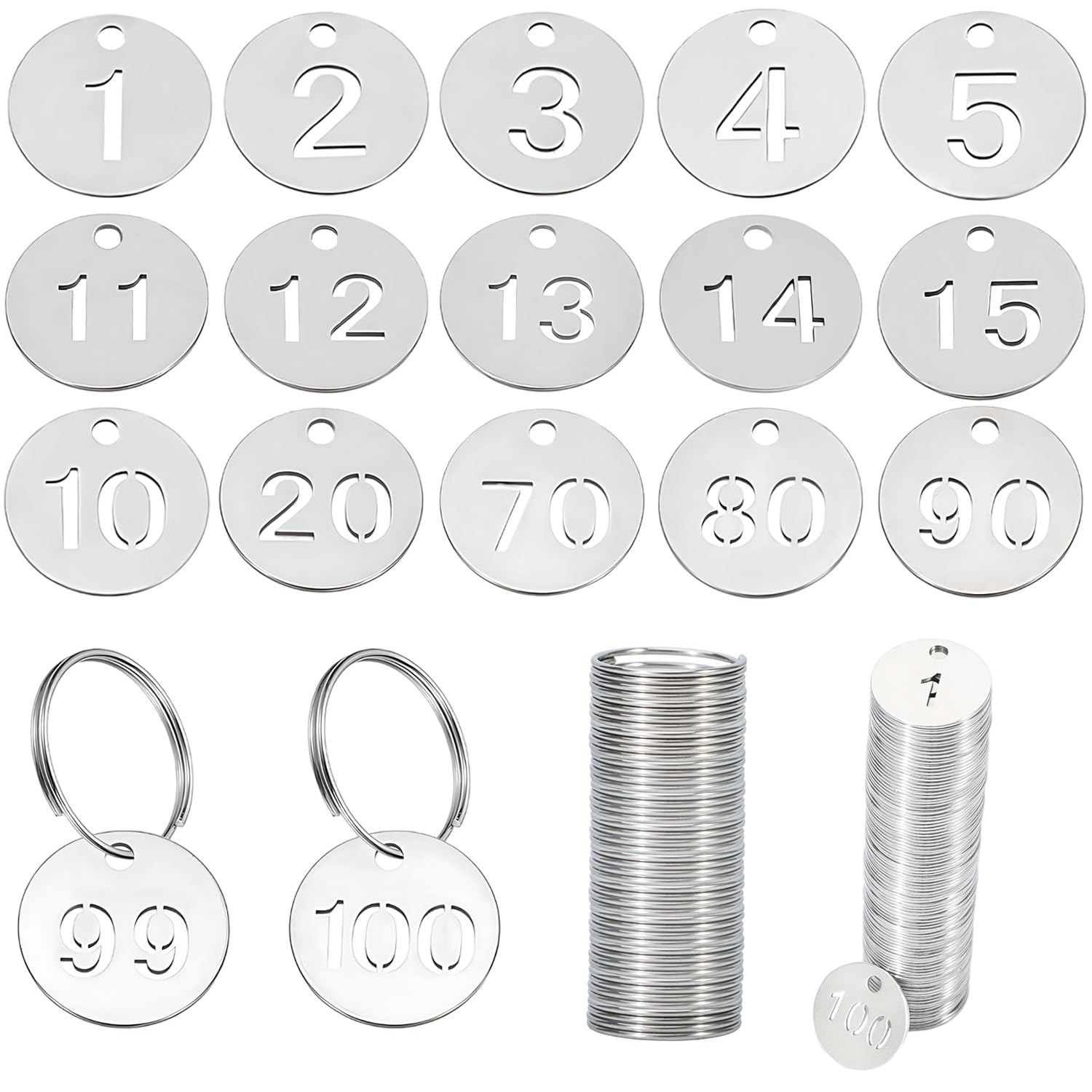 Number Tags 1-100, Dedoot Hollow Numbered Steel Tags with Ring for Dormitory House Lockers, 23mm Diameter, Silver