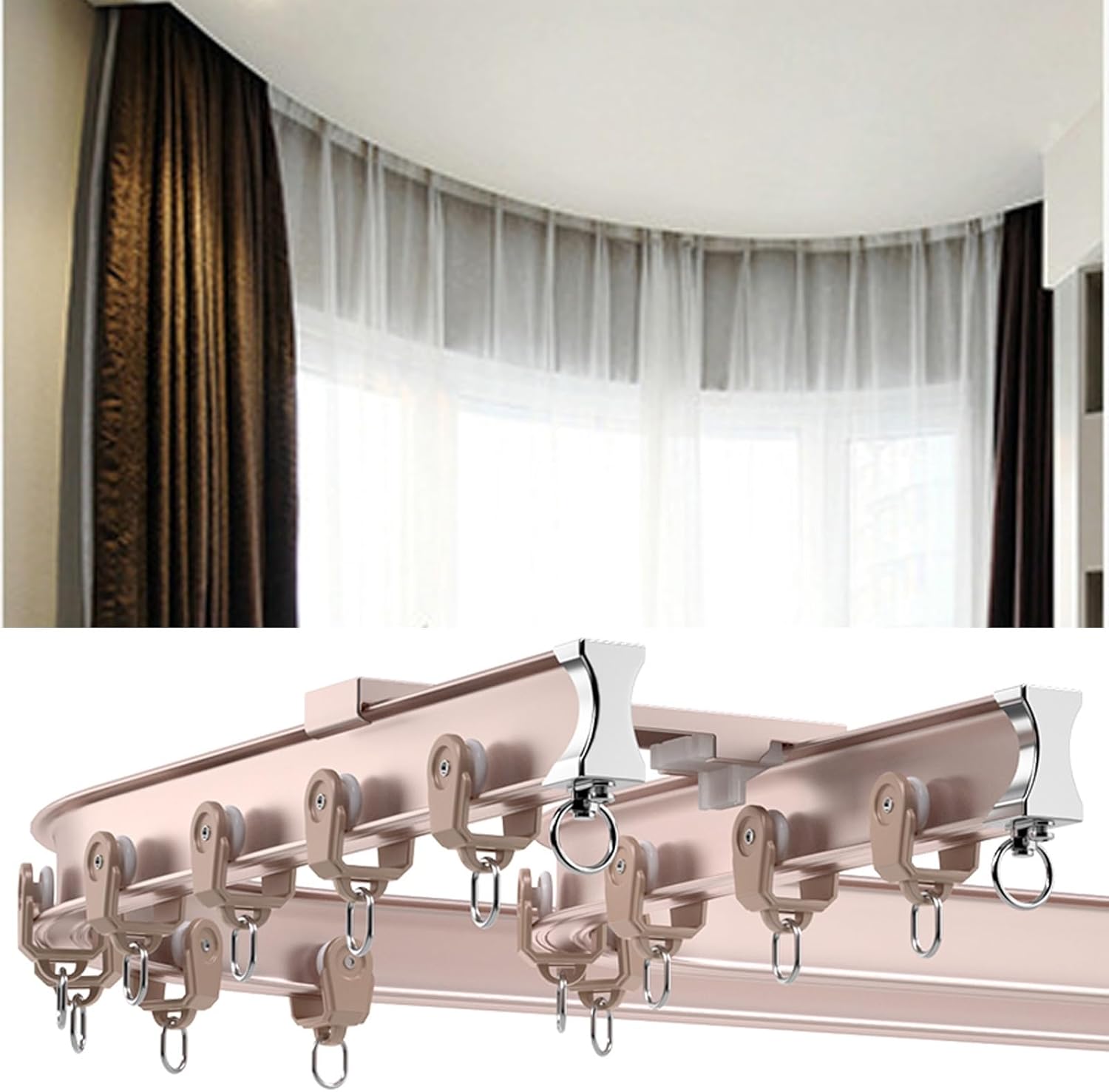 Ceiling Curtain Track, Flexible Bendable Curtain Track Curved Curtain Rail Track Ceiling Wall Mount Sliding Curtain Ceiling Track System Set, Curtain Double Tracks, Can Be Bent Manually ( Color : Cham
