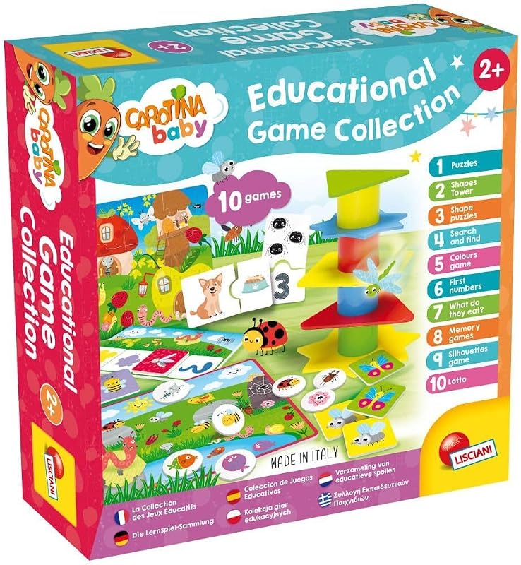 Lisciani - CAROTINA BABY - Collection of 10 Educational Games for Children from 2 to 4 Years - Balance Tower, Puzzle, Memory, Colours, Tombola and much more - Complete Game Kit