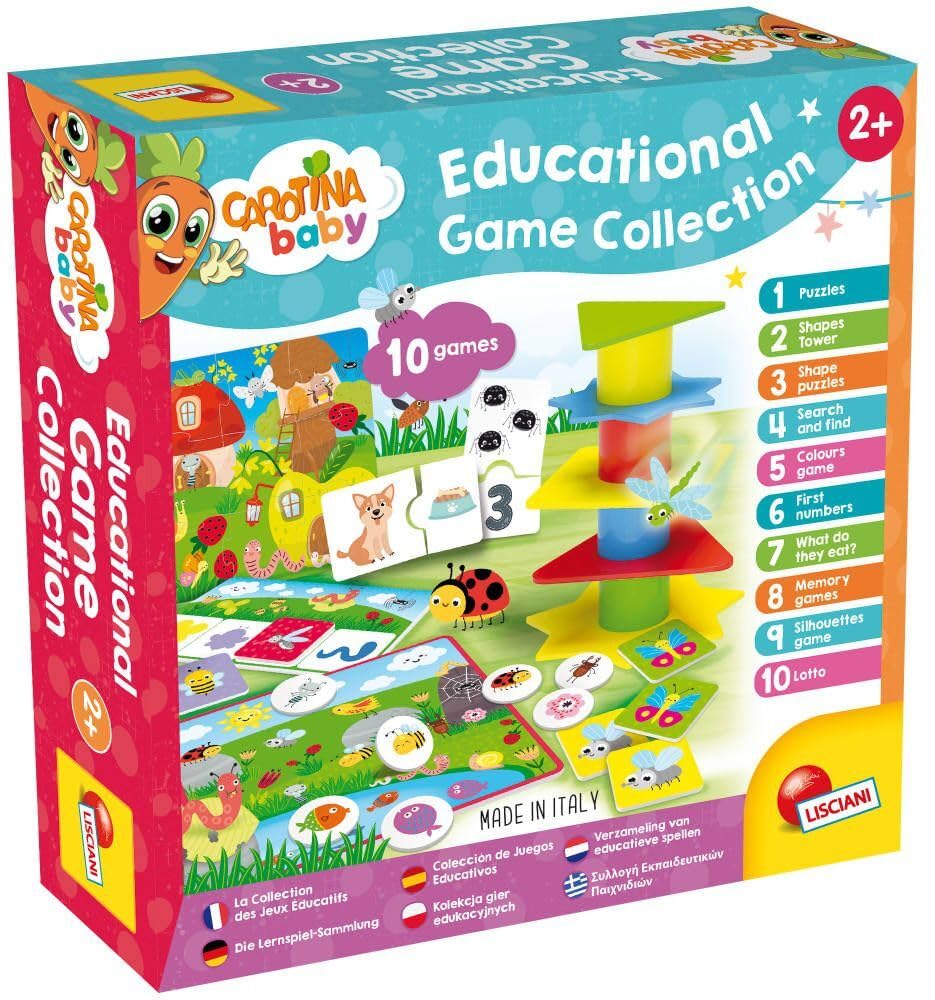 Lisciani - CAROTINA BABY - Collection of 10 Educational Games for Children from 2 to 4 Years - Balance Tower, Puzzle, Memory, Colours, Tombola and much more - Complete Game Kit - 1