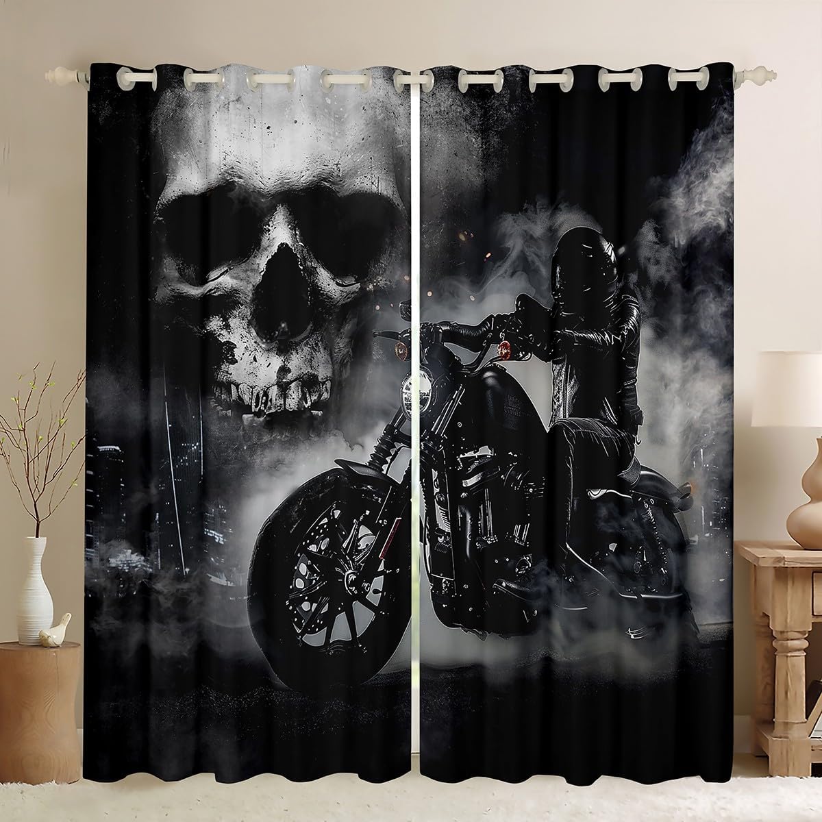 Black Motorcycle Rider Window Curtain Gray Skull and Mist Decor Blackout Curtains Extreme Sport for Boys Teens Men Lightweight Microfiber Polyester for Dorm Bedroom and Living Room, 76Wx45L inch