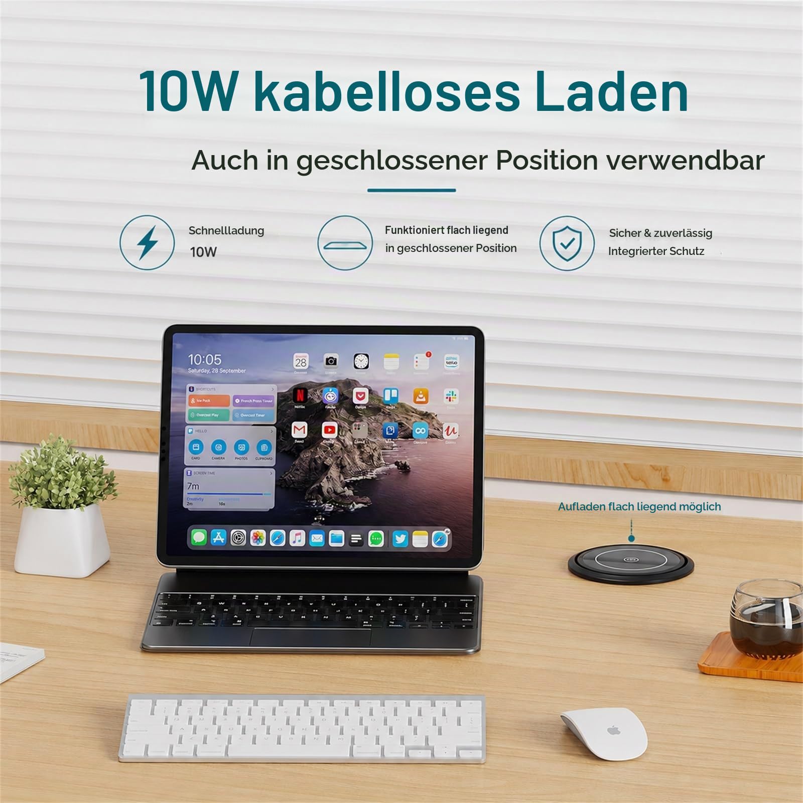 Steckdosenleiste zum Einbauen, automatisch, versenkbare Mehrfachsteckdose mit 4 Steckdosen, 2 USB C(PD 20 W), 2 USB A (18 W), kabelloses Ladegerät 10 W, Kabel 2 m, Ø 100 mm, für Büro, Küche