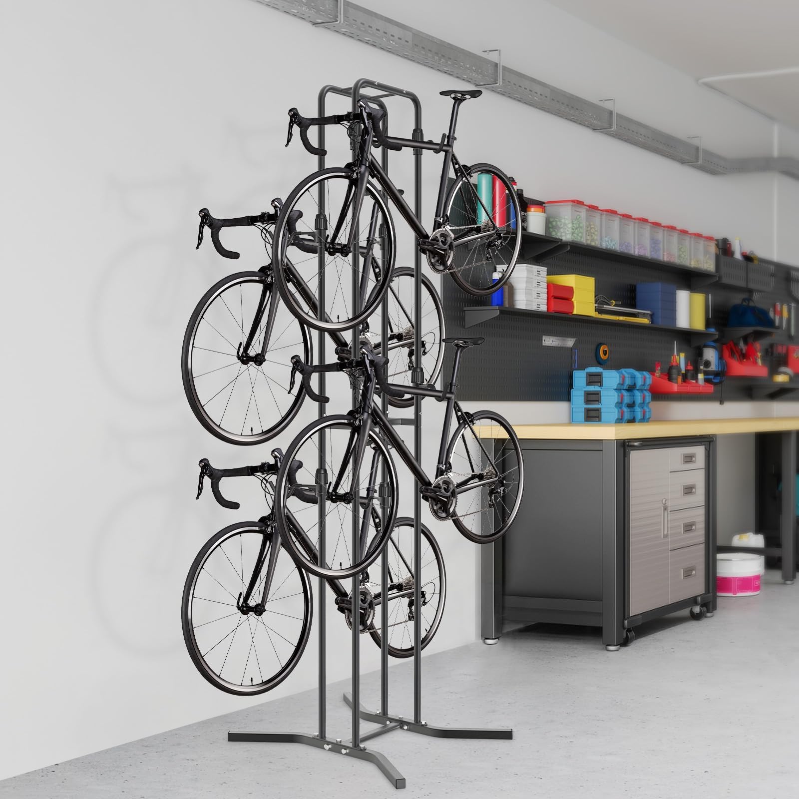 BeneLabel Stojak na 4 rowery, uchwyt na rower elektryczny, wolnostojący, do dużych obciążeń, MTB, uchwyt do roweru górskiego, garaż, z 8 regulowanymi elastycznymi hakami, dla dorosłych, wysokość 220