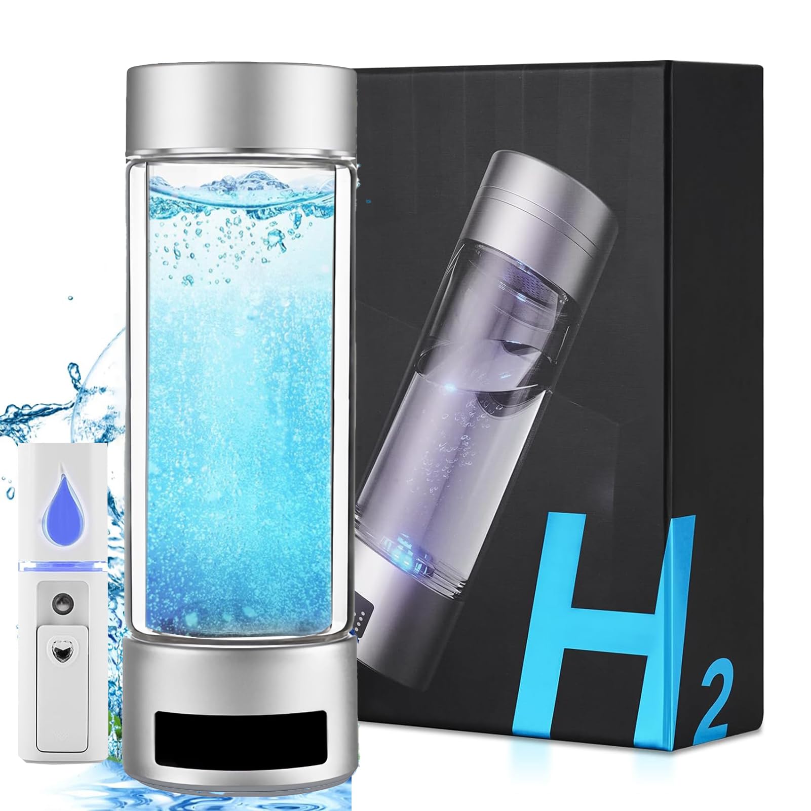 Botella de agua con hidrógeno, máquina ionizadora de agua portátil de carga USB,generador de agua ionizada contenido de hidrógeno ≥6000 ppb(plata,400ML)