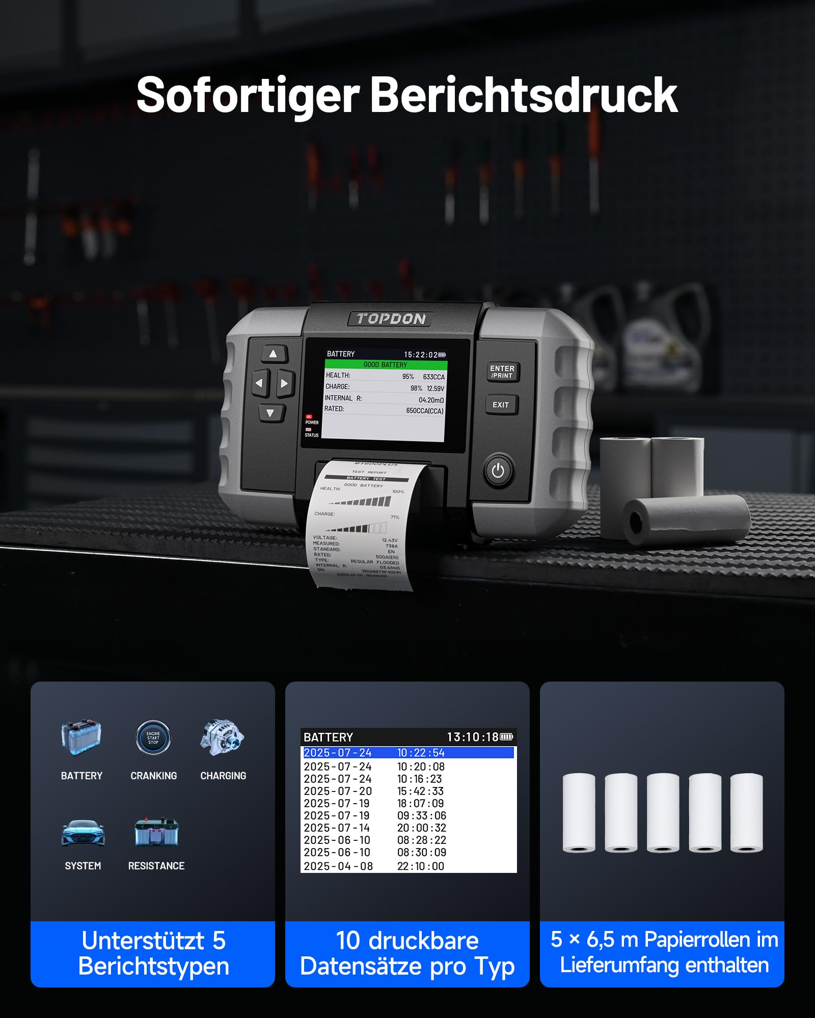 TOPDON Batterietester KFZ BT600 Plus, 6 V/12 V/24 V Batterietests, 100–2000 CCA, 12 V/24 V Starttest/Ladetest/Systemtest, Autobatterie Tester mit eingebauter Batterie und Drucker, 2 gepaarte Klemmen