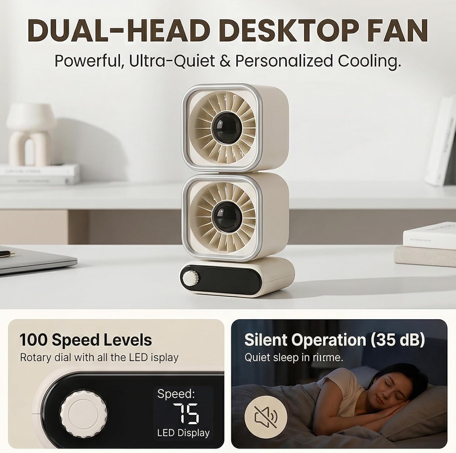 Fockety Dual Head Table Fan, 100 Speeds Adjustable 360 Degree Rotating Small Quiet USB Desk Fan with LED Display and 4000mAh Battery, Tabletop for Home, Bedroom and Office