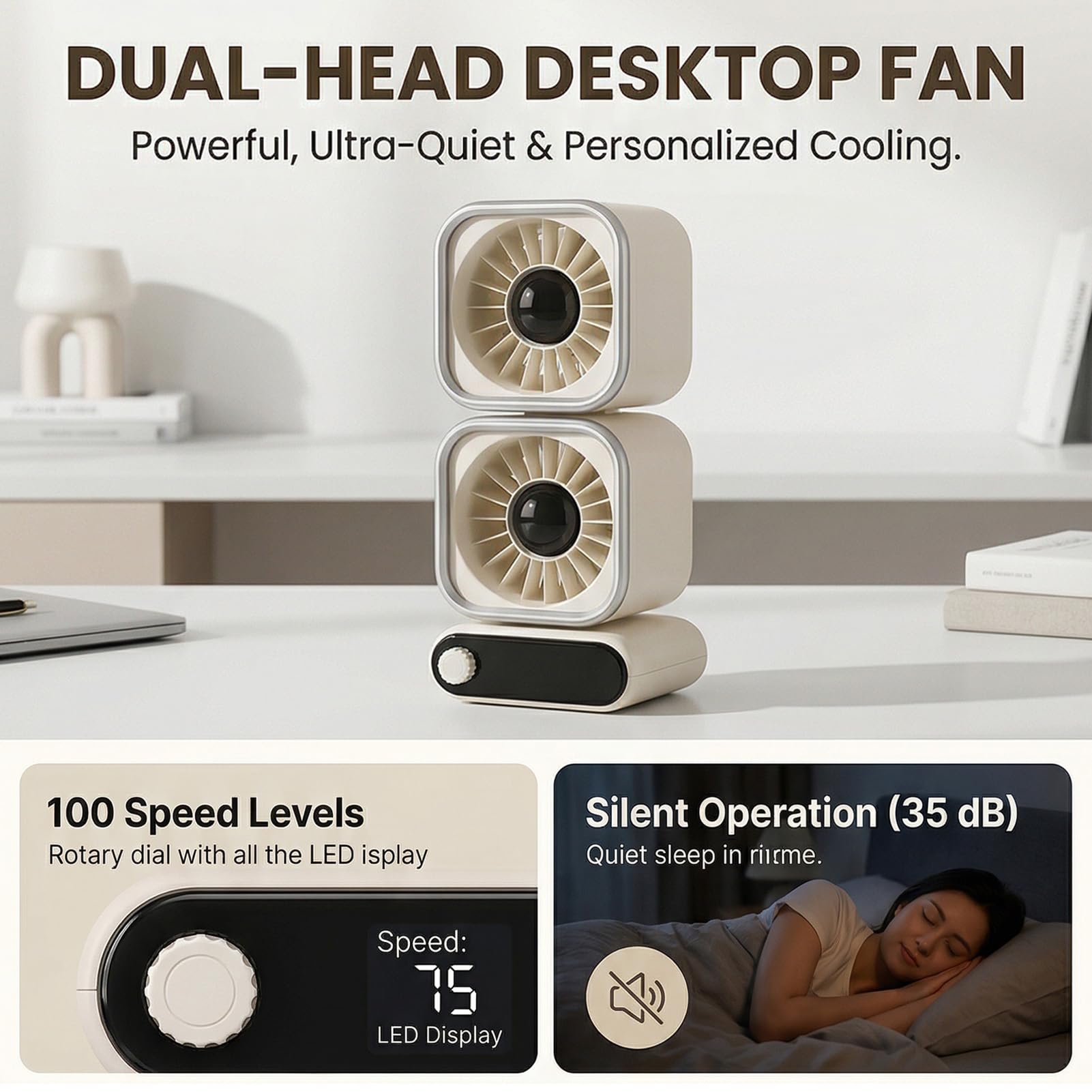 Tischventilator, Schreibtischventilator, Tragbarer Ventilator, 2 Köpfe, 100 Geschwindigkeiten, Verstellbarer USB-Ventilator, LED-Anzeige, 360 Grad Drehbar, Leiser 4000-mAh-