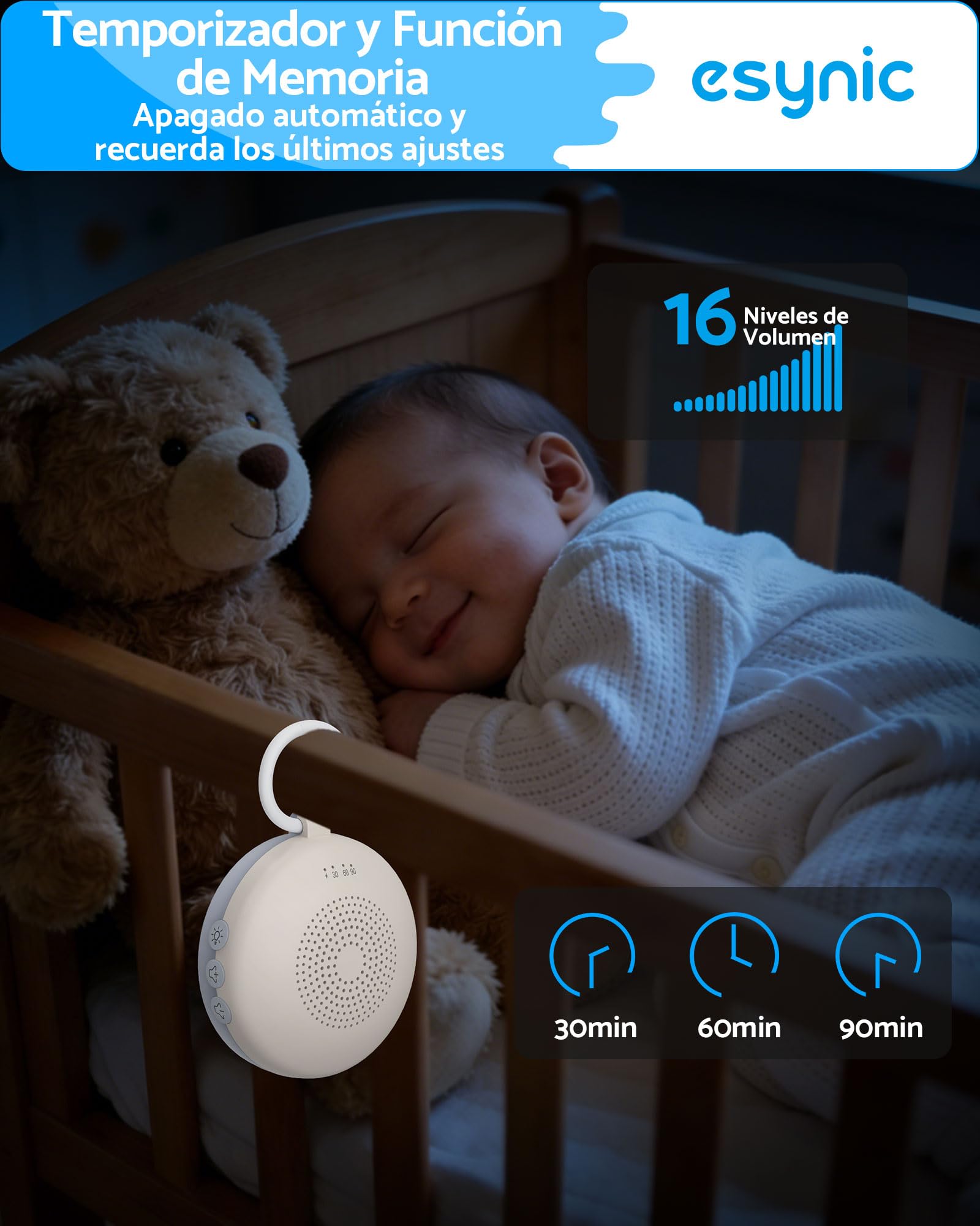 eSynic Mini Máquina de Ruido Blanco para Bebés y Adultos Recargable Máquina de Sonido Portátil con Luz Nocturna Ajustable Aparato de 12 Sonidos Relajantes Temporizador Anillo Colgante Desmontable