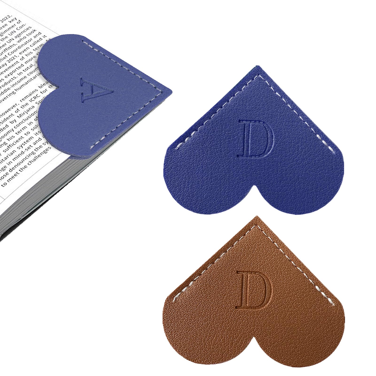 2Pcs Personalized Leather Heart Bookmark with Initial, 26 Letters Custom Corner Page Book Mark for Reading Women, Book Lovers, Teachers, Students,