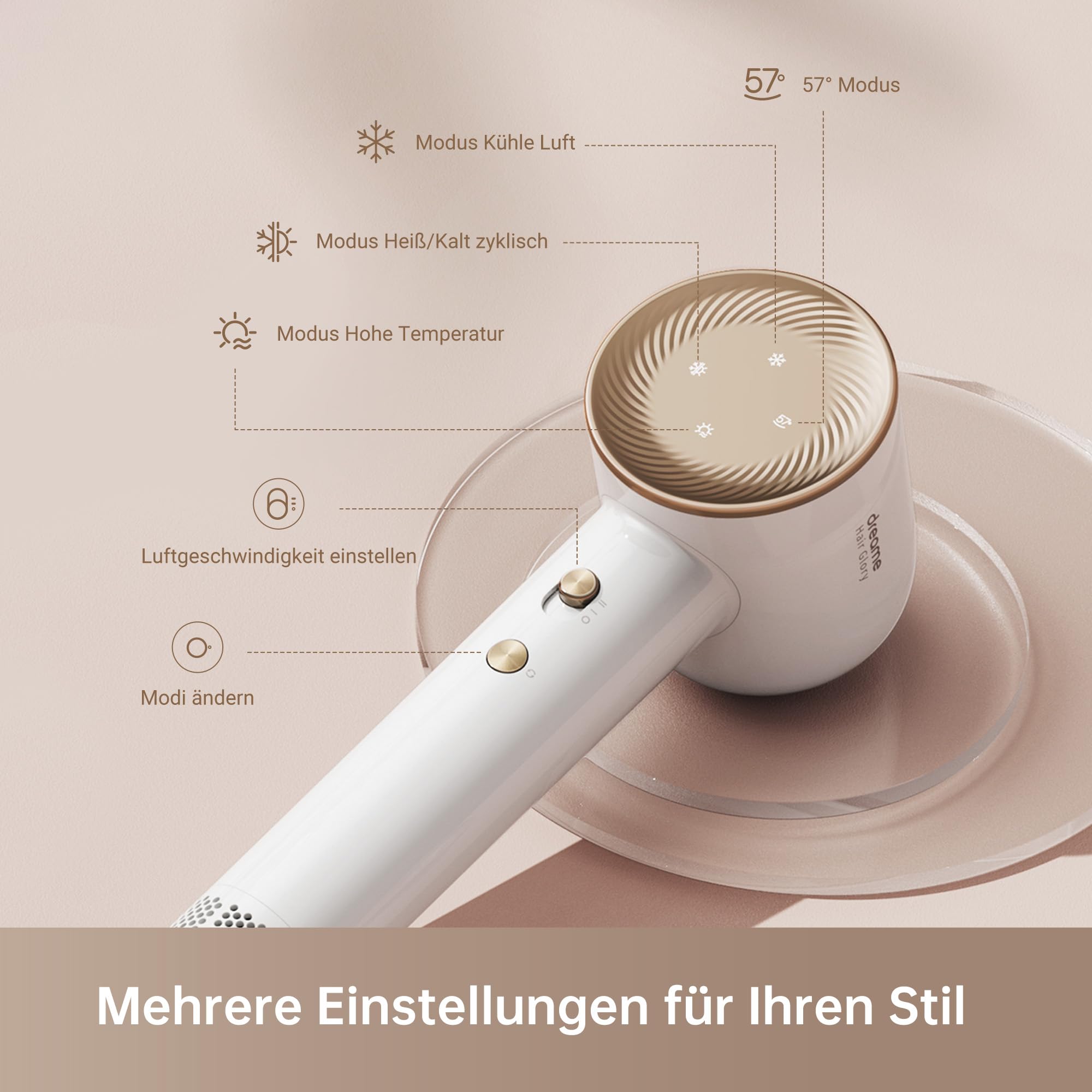 DREAME Hair Glory Combo Haartrockner,Trocknet schnell,110.000 Umdrehungen pro Minute,Luftstrom70m/s,Negativ-Ionen-Technologie,Temperatur-und Luftgeschwindigkeitsregelung,Düse Diffusor,Geräuscharm,Weiß