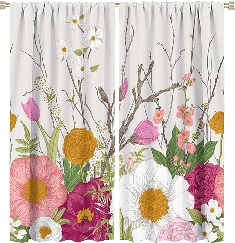 Miniatura 152 de Retro 70s Floral Blackout Window Curtains, Watercolor Flower Plant Rustic Modern Style Pattern Window Drapes, for Bedroom Living Room 42x45in 2